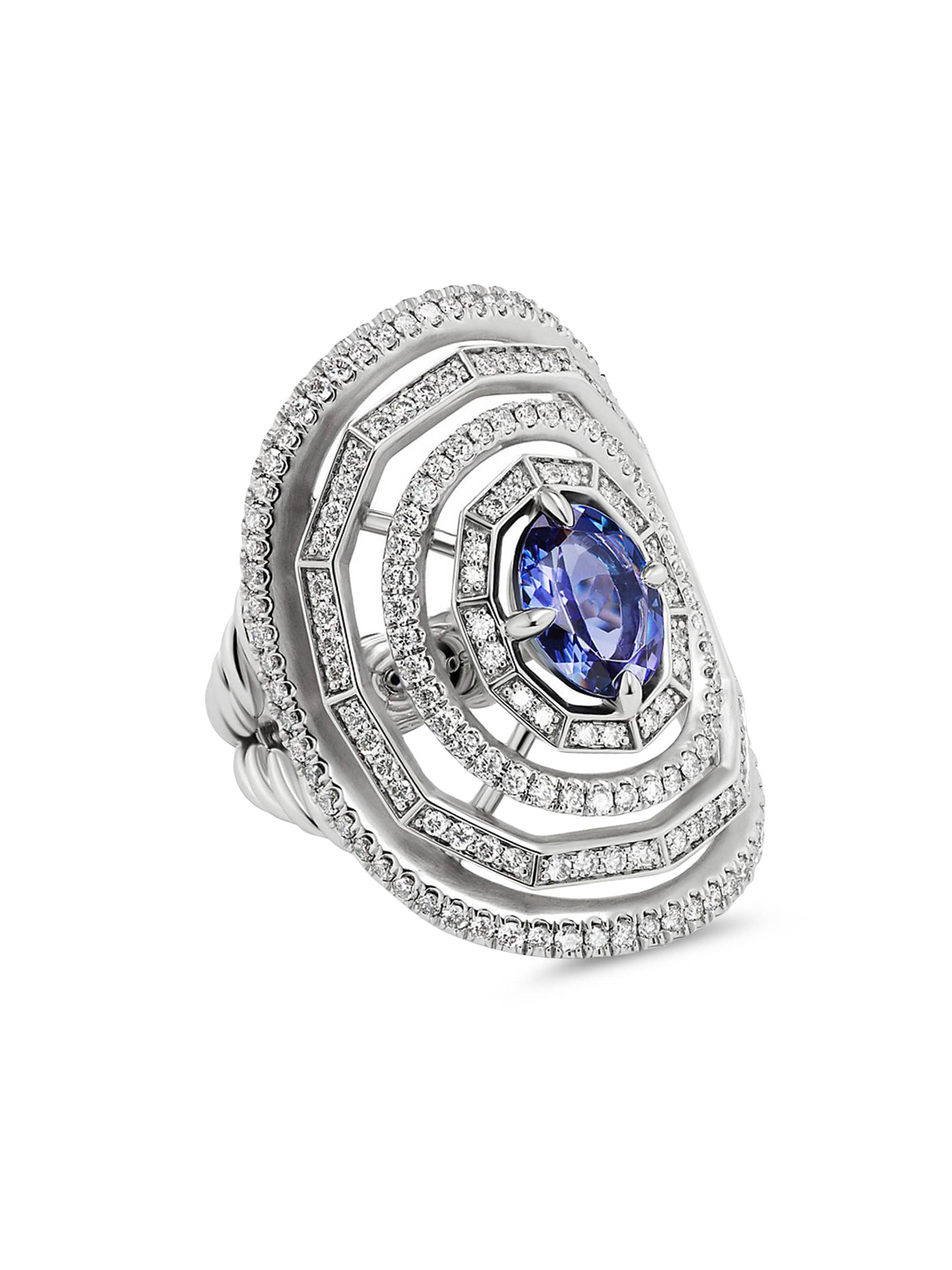 David Yurman Women's Stax Statement Ring In 18K White Gold With Full Pavé Diamonds & Tanzanite
