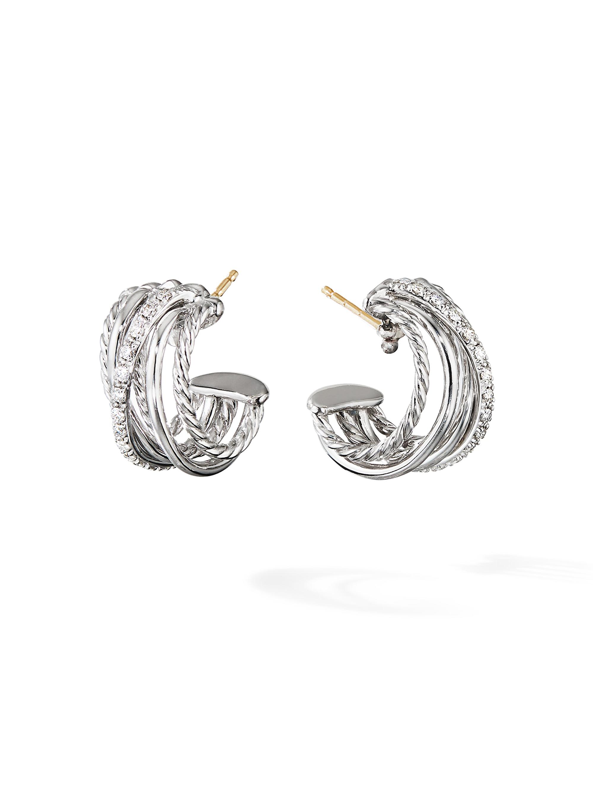 David Yurman Women's Crossover Pavé Diamond Huggie Hoop Earrings - Silver
