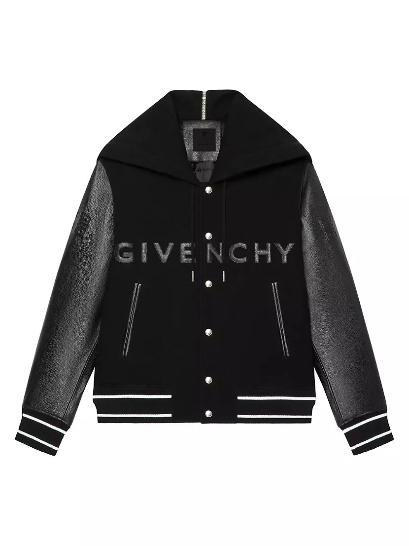 Hooded Varsity Jacket in Wool and Leather