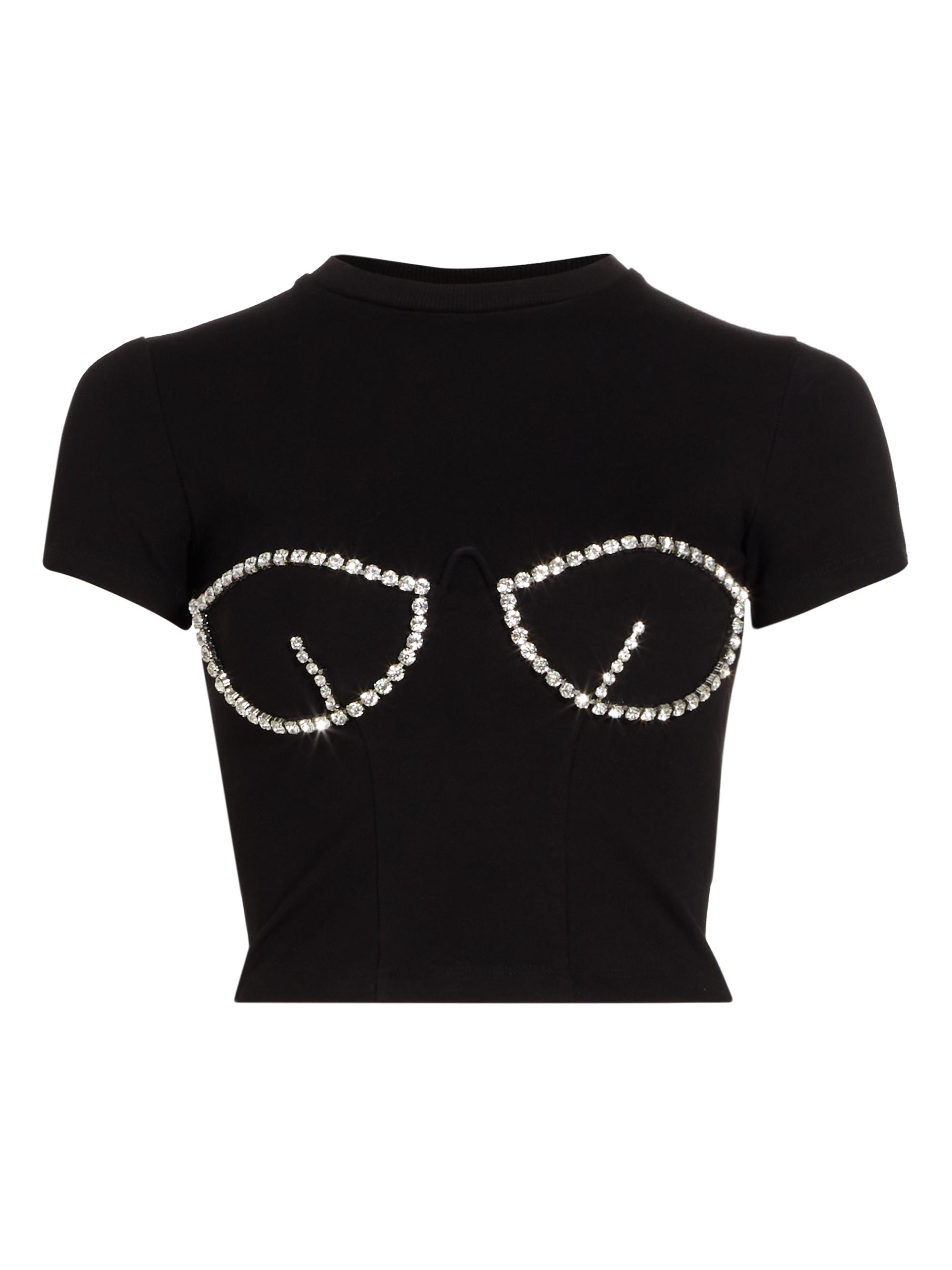 Area Women's Cropped Crystal-Bustier T-Shirt - Black