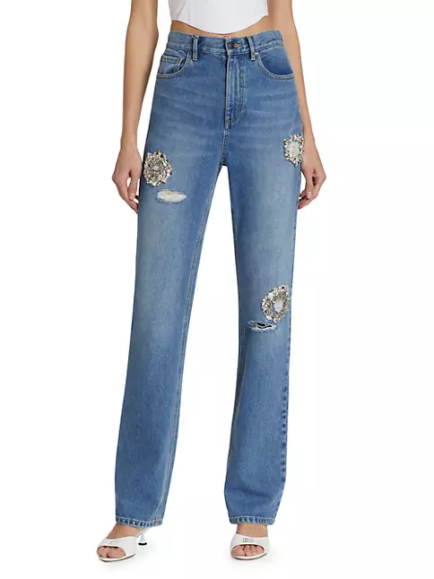 Shop Area Distressed Crystal-Embellished Jeans | Saks Fifth Avenue