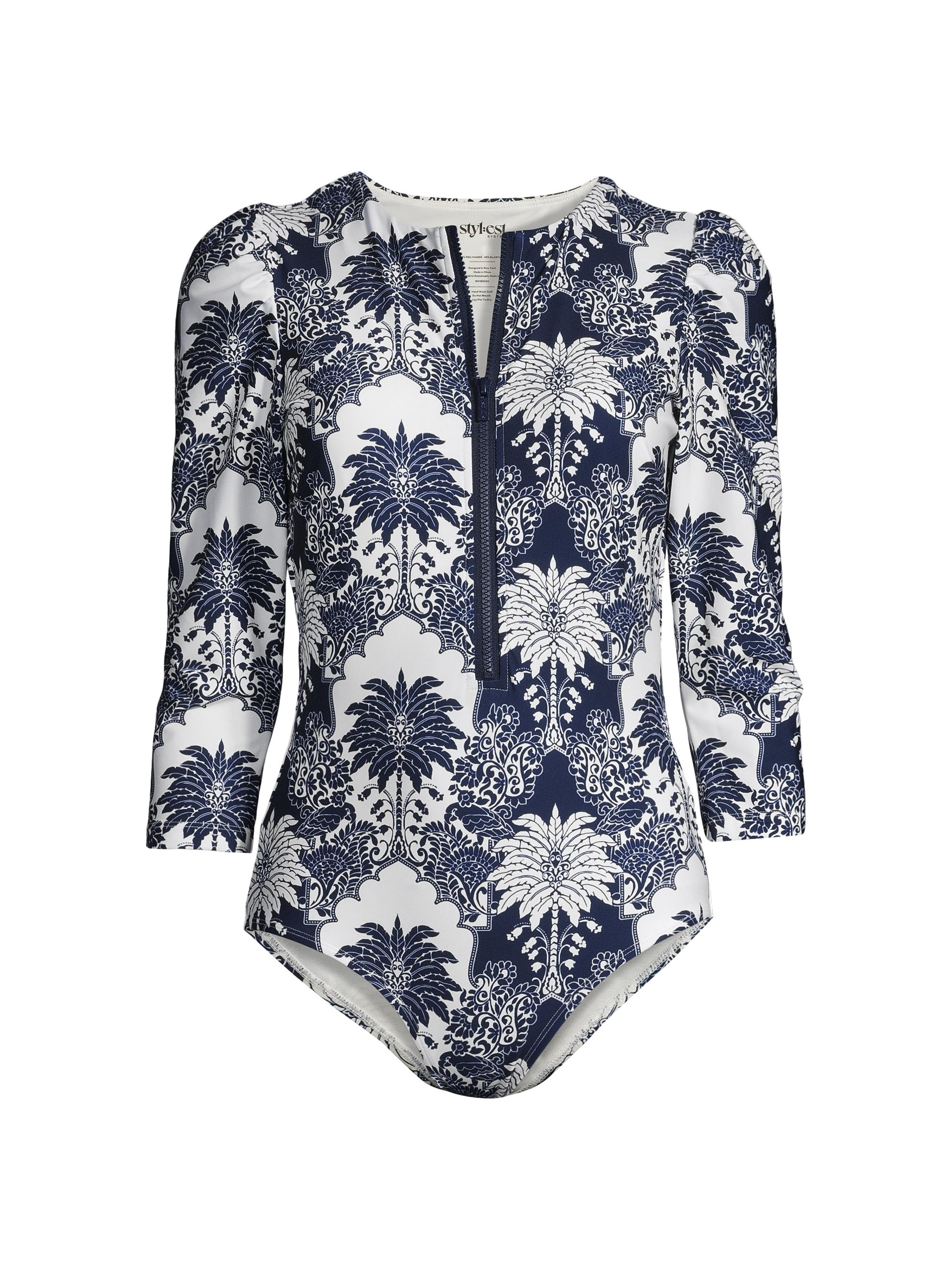 Stylest Women's Puff-Sleeve Paisley One-Piece Swimsuit - Navy Palm