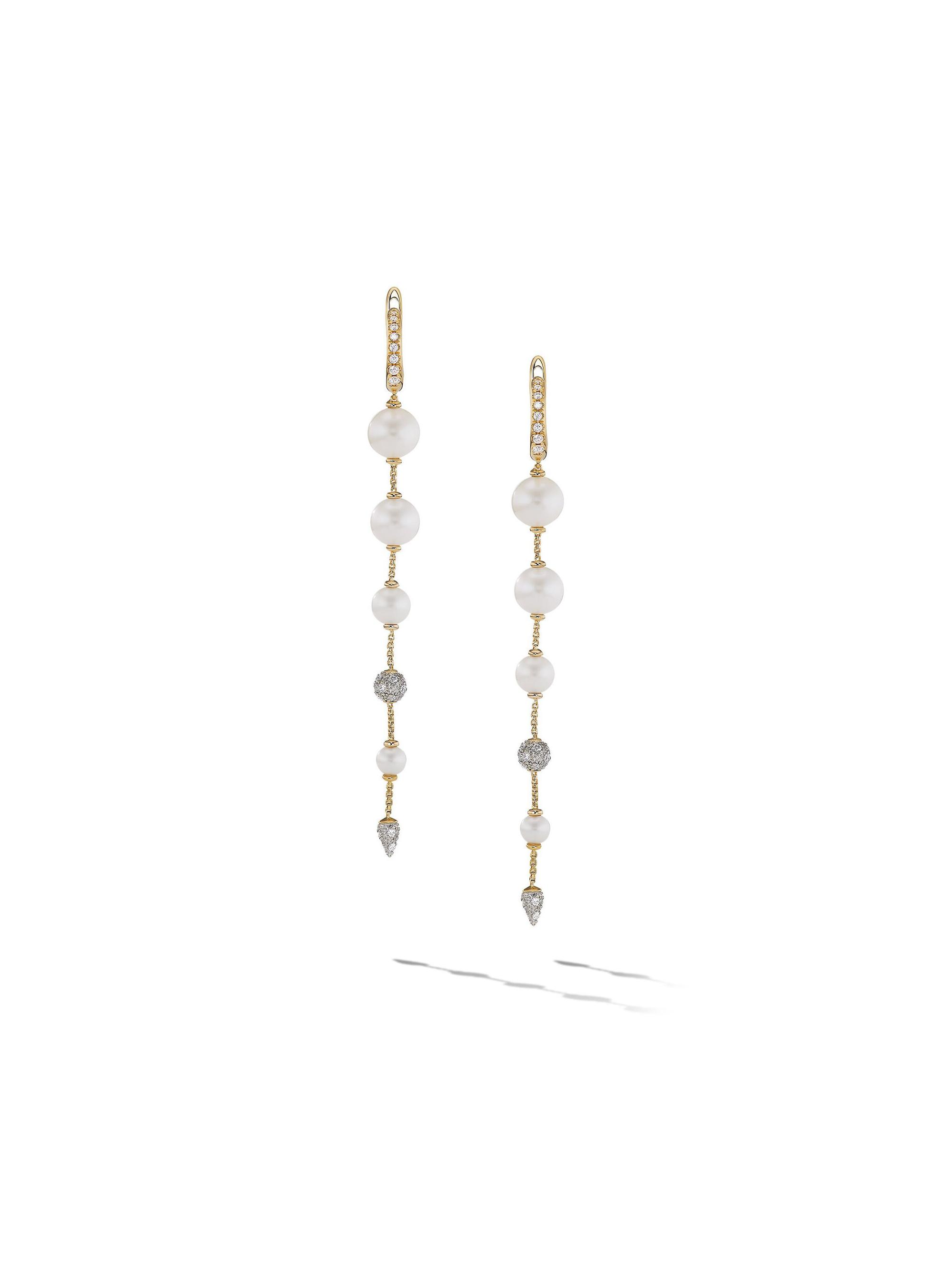 David Yurman Women's Pearl and Pavé Drop Earrings in 18K Yellow Gold with Pearls and Diamonds, 3.13in - Pearl