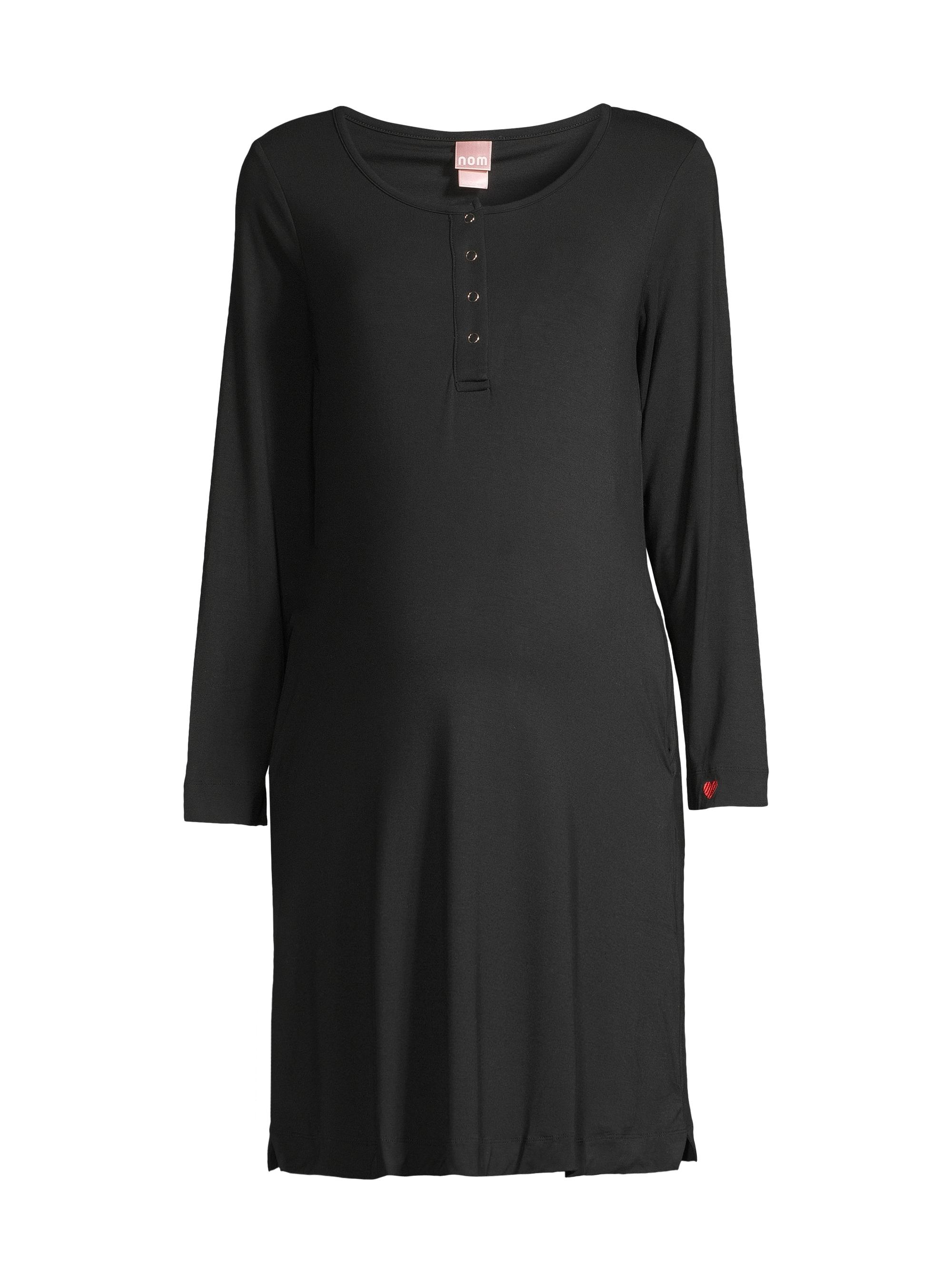 Nom Maternity Women's Long-Sleeve Henley Nursing Nightgown - Black