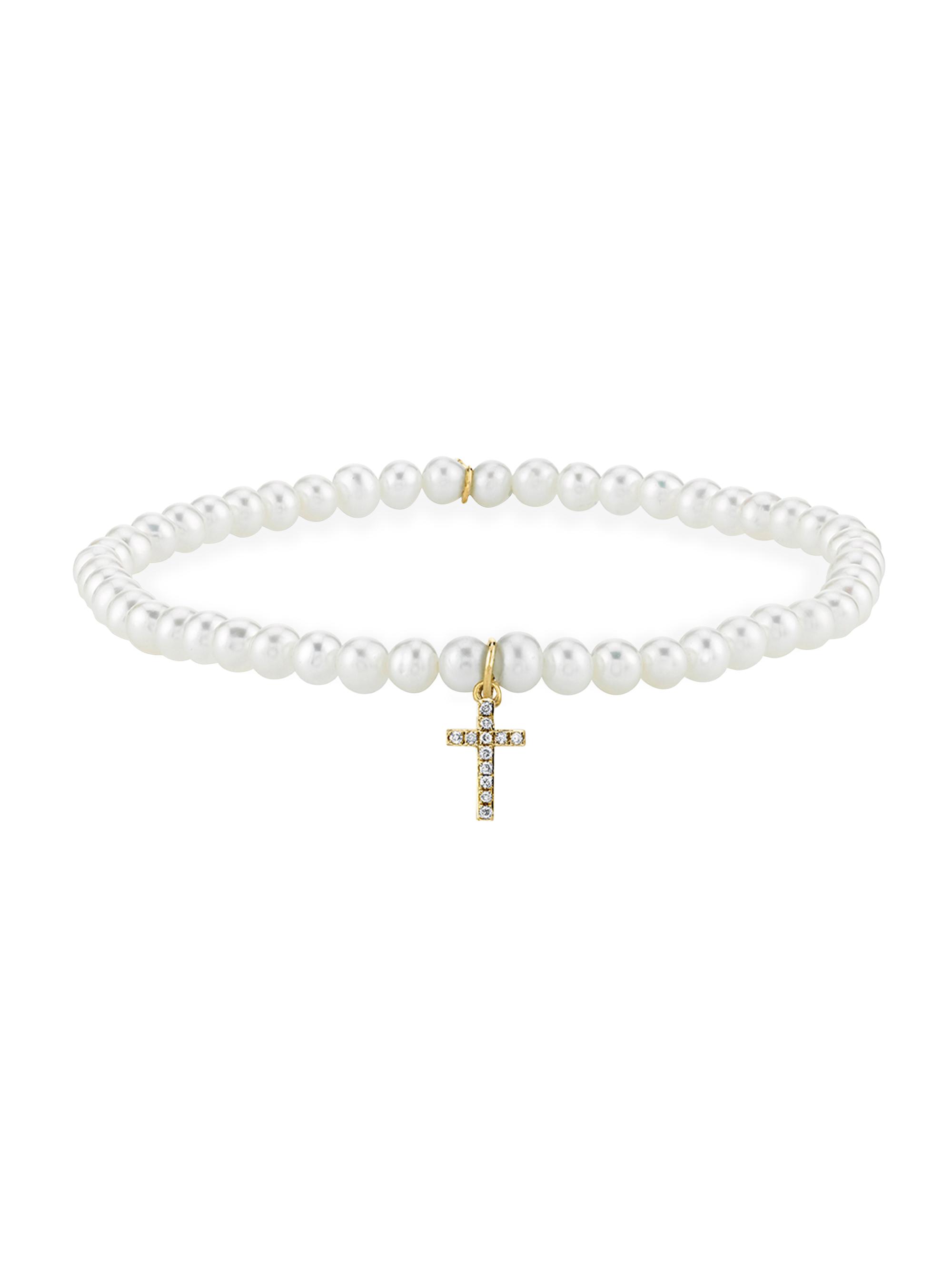 Sydney Evan Women's 14K Yellow Gold, 0.06 TCW Diamond & Pearl Bead Stretch Bracelet - White