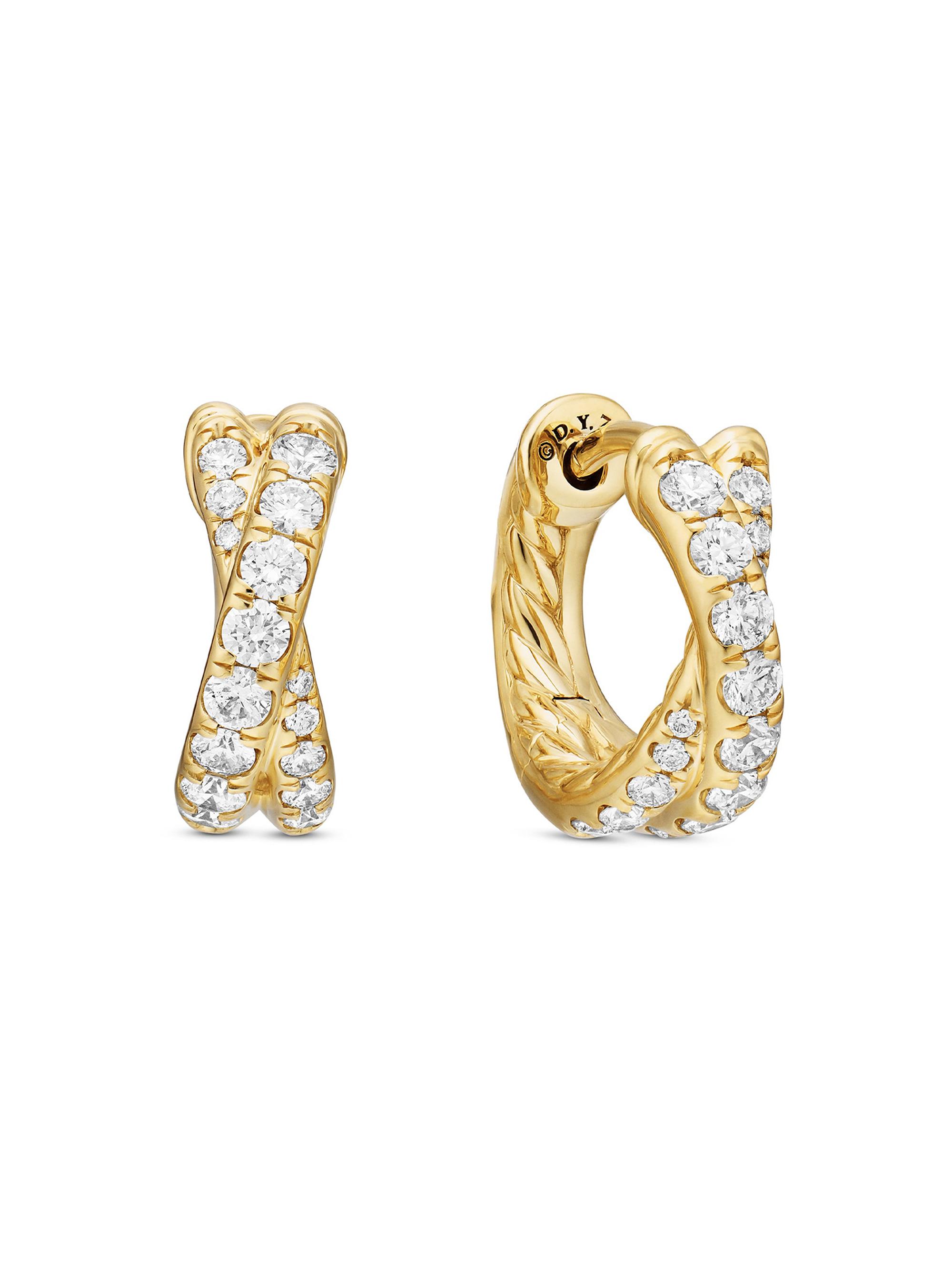 David Yurman Women's Pavé Crossover Hoop Earrings in 18K Gold with Diamonds, 12MM - Yellow Gold