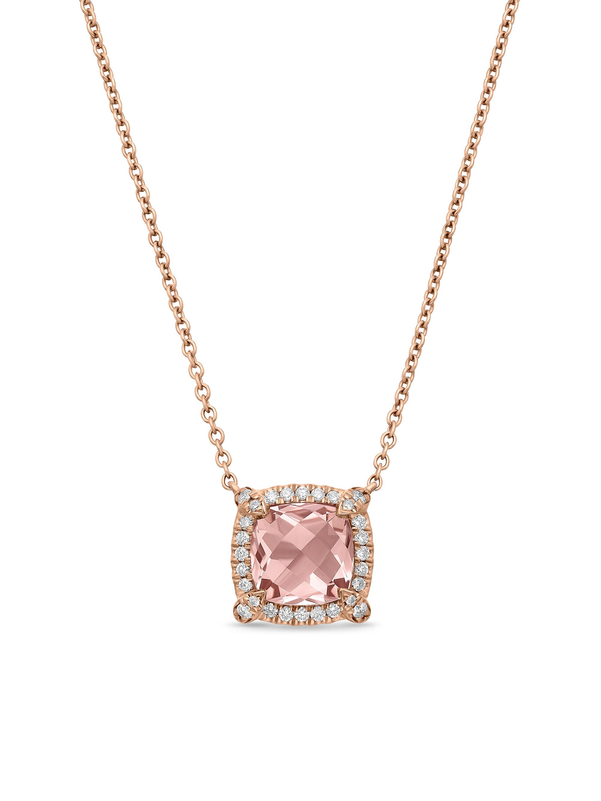David Yurman Women's Petite Chatelaine Pavé Bezel Pendant Necklace in K Rose Gold with Morganite and Diamonds, 7MM - Morganite