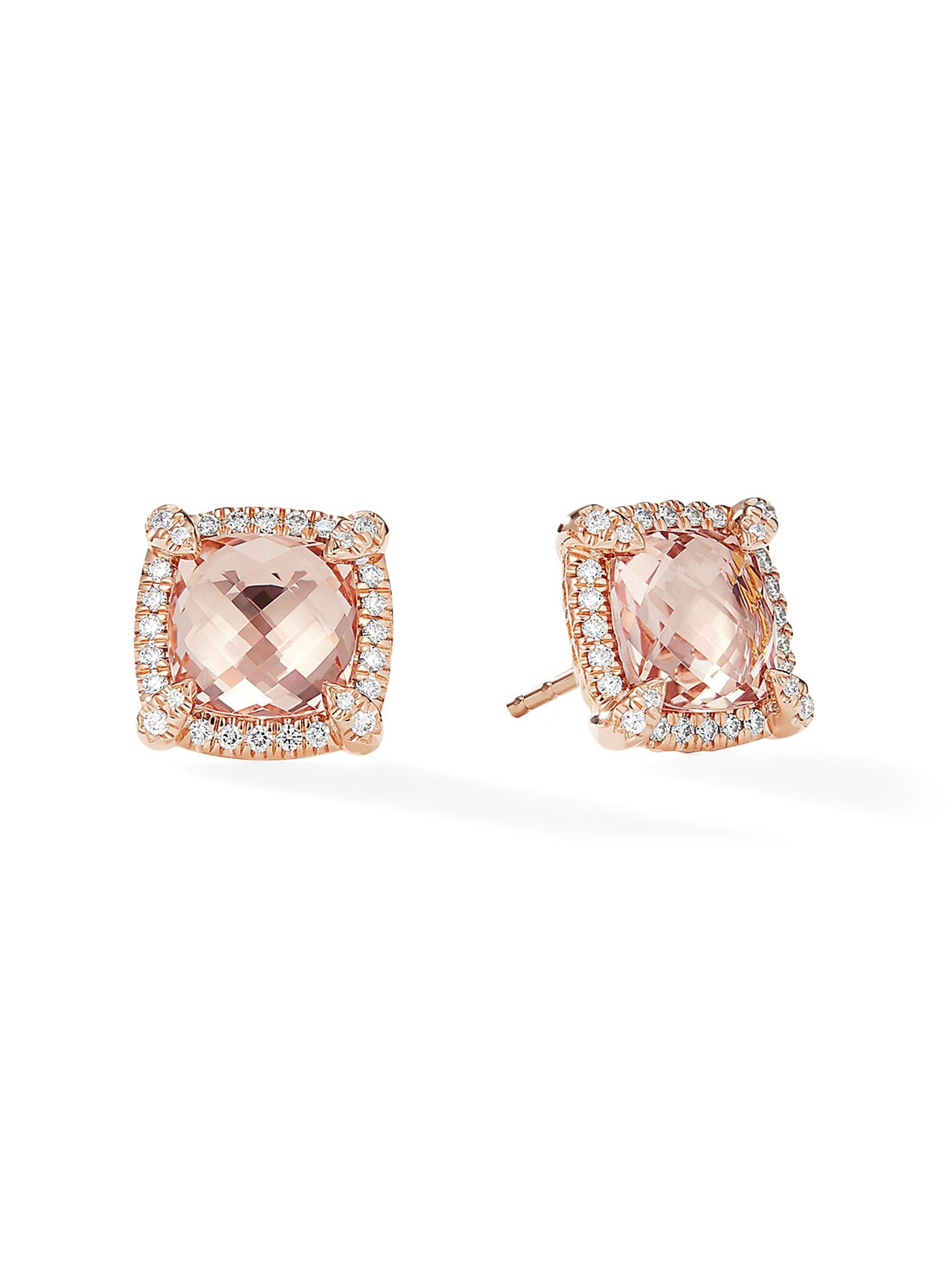 David Yurman Women's Chatelaine Pavé Bezel Stud Earrings in 18K Rose Gold with Morganite and Diamonds, 8MM - Morganite