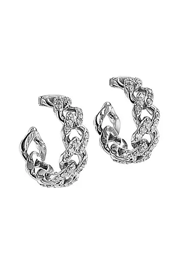 Sterling Silver & 0.62 TCW Diamond Curb Chain Hoop Earrings