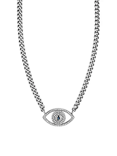 Sterling Silver, Sapphire & 0.96 TCW Diamond Evil Eye Pendant Necklace