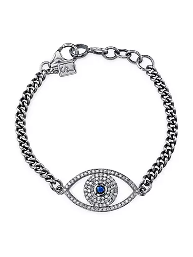 Sterling Silver, Blue Sapphire & 0.96 TCW Diamond Evil Eye Chain Bracelet