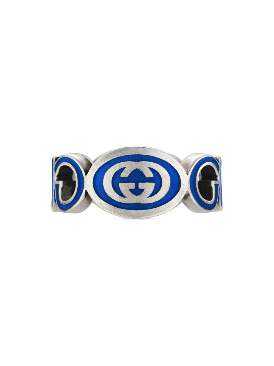 【GUCCI】GG Interlocking Semi Shiny Silver Enamel Ring Gucci Gucci Interlocking Sterling Silver and Black Enamel