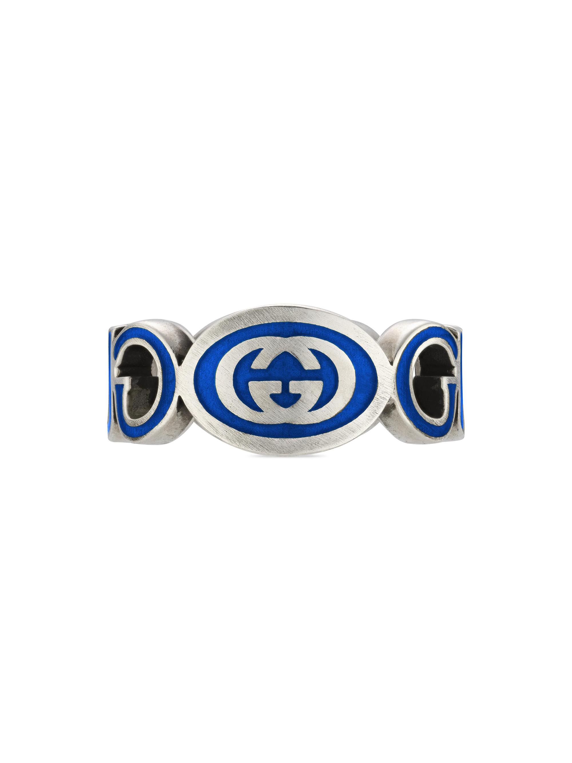 Gucci Interlocking G Sterling Silver & Blue Enamel Cut-Out Ring