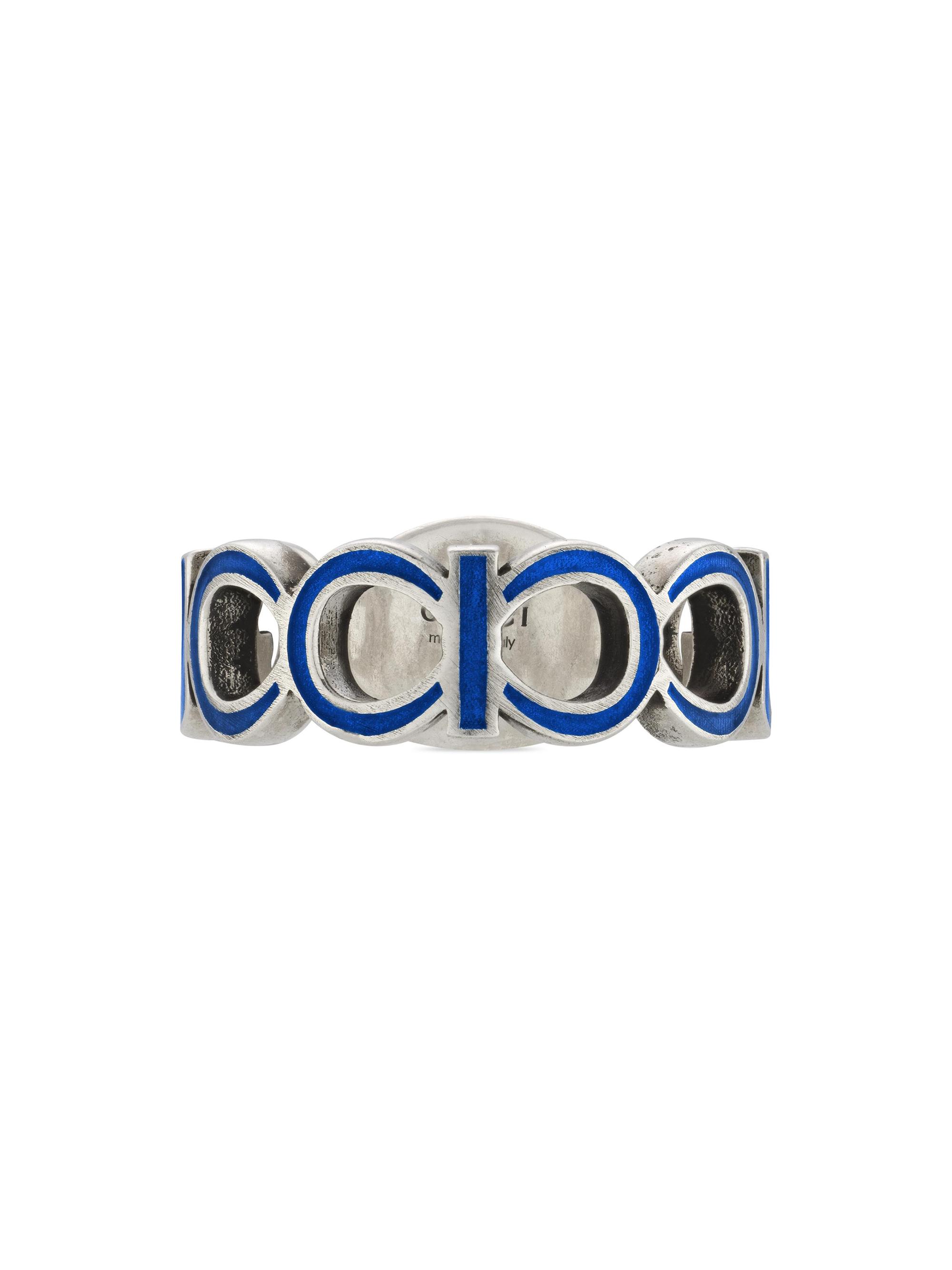 Gucci Interlocking G Sterling Silver & Blue Enamel Cut-Out Ring