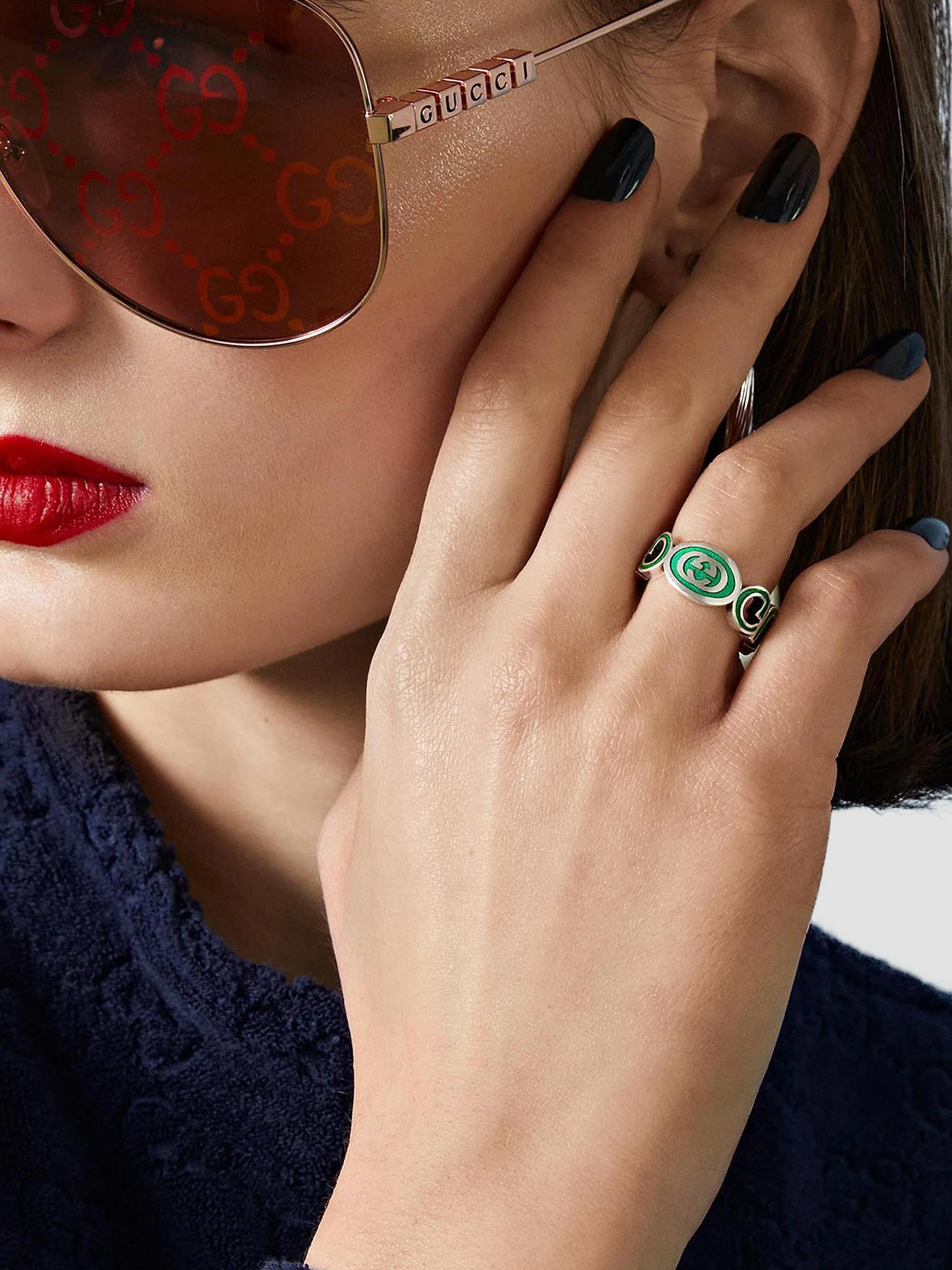 Gucci Interlocking G Sterling Silver & Green Enamel Cut-Out Ring 