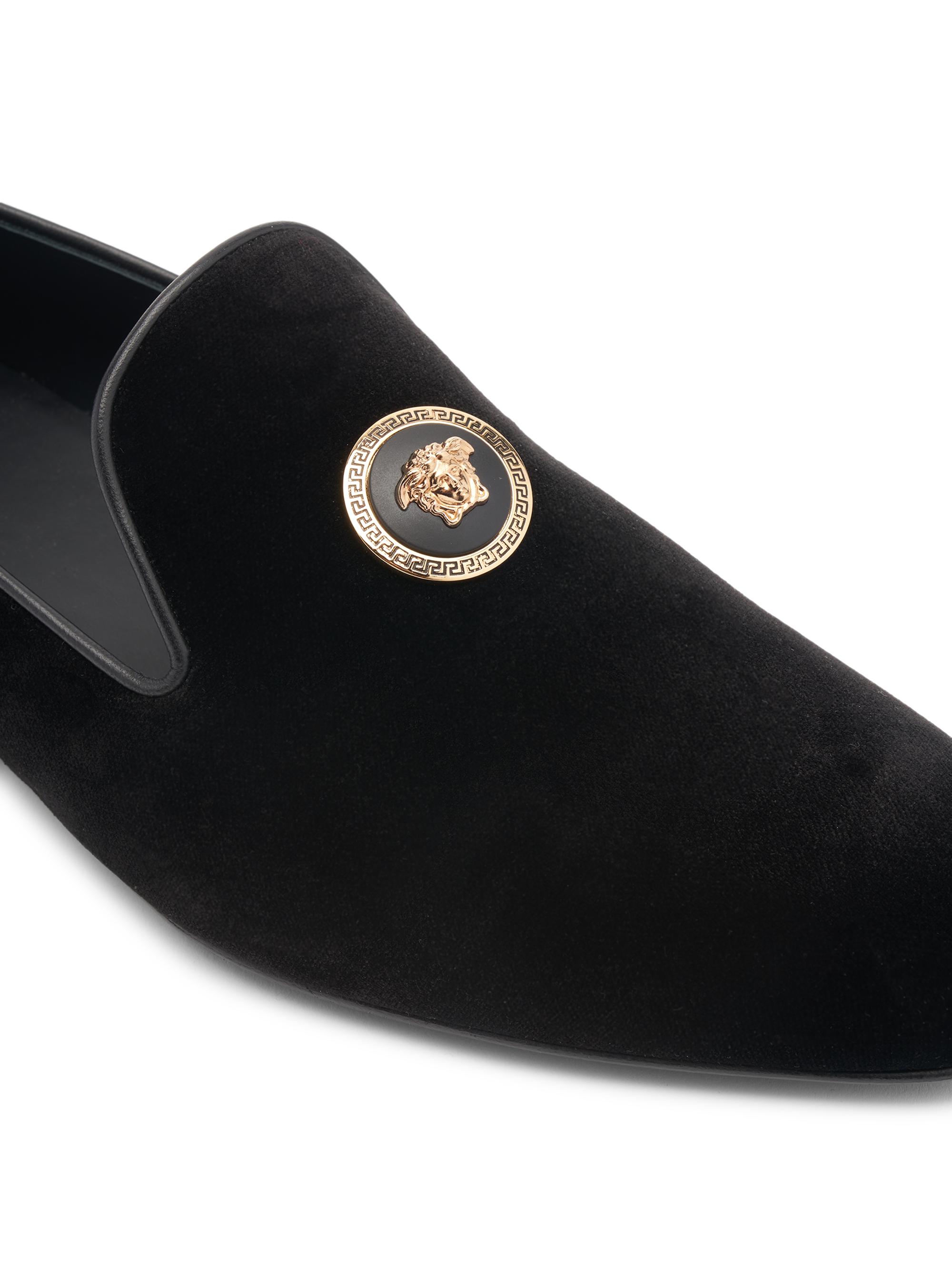 Versace Black Velvet Slip-On Loafers with Gold Greek Key VERSACE Size 9 Black Gold Embroidery Velvet Slip On Loafers  main image 4