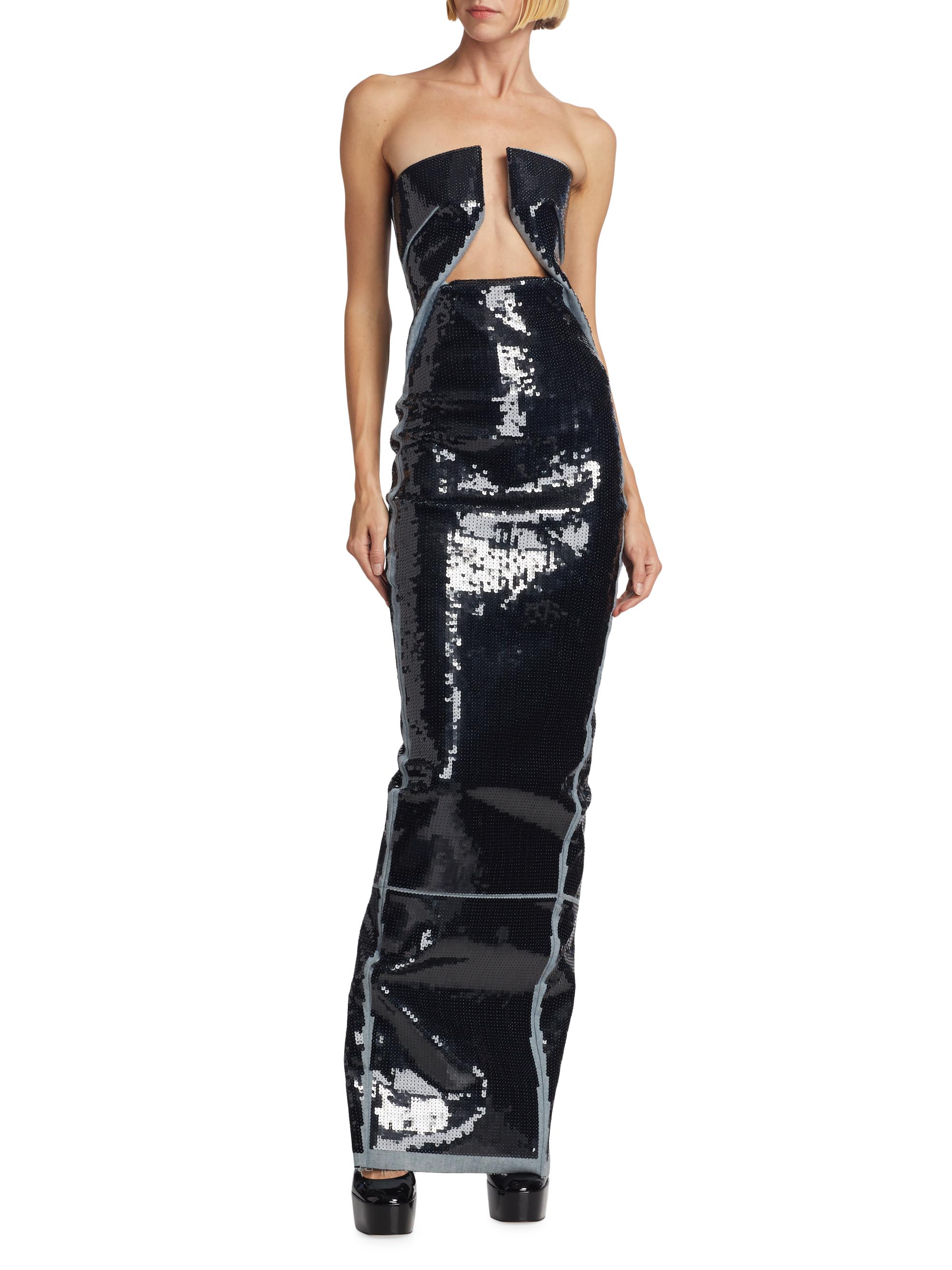 Rick Owens Prong Sequin Embroidered Denim Column Gown Saks Fifth