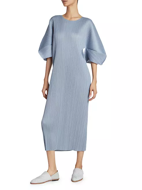 Issey Miyake Pleated Long Sleeve Midi Dress Blue