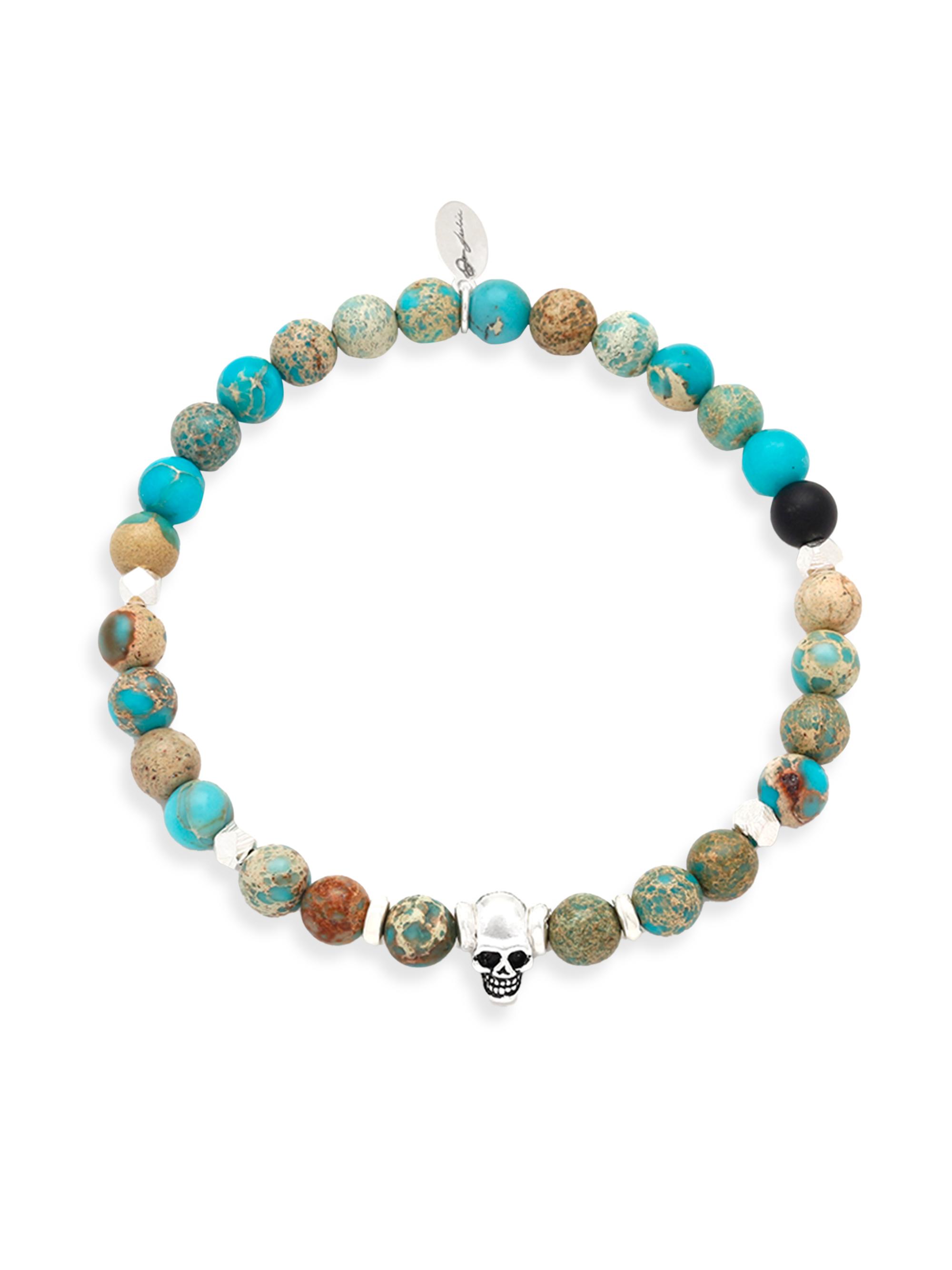 Jan Leslie Men's Skull Chrysocolla, Black Agate, & Sterling Silver Stretch Bracelet - Aqua