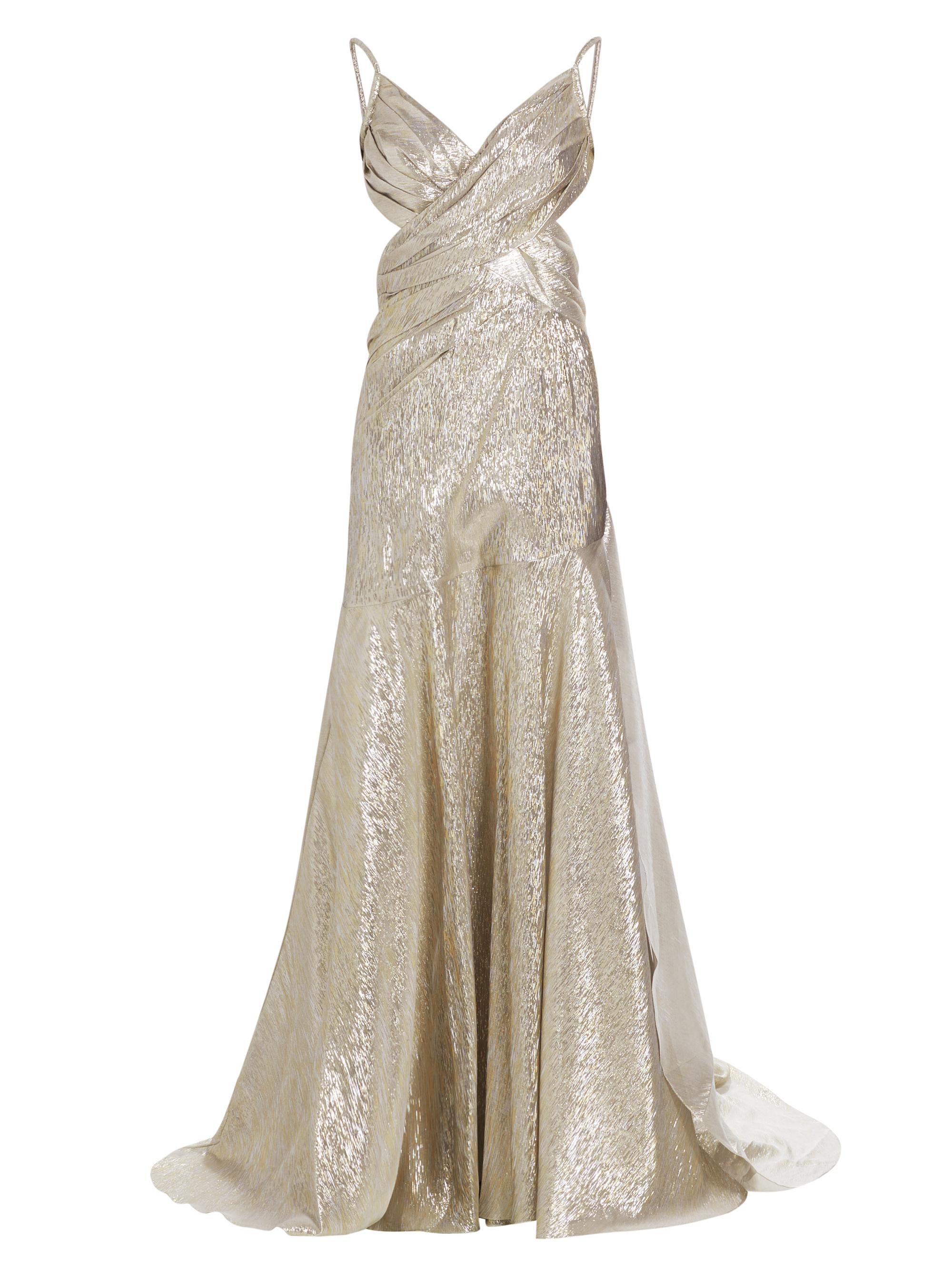 Oscar de la Renta Draped Lamé Mousseline V-Neck Gown | Saks Fifth