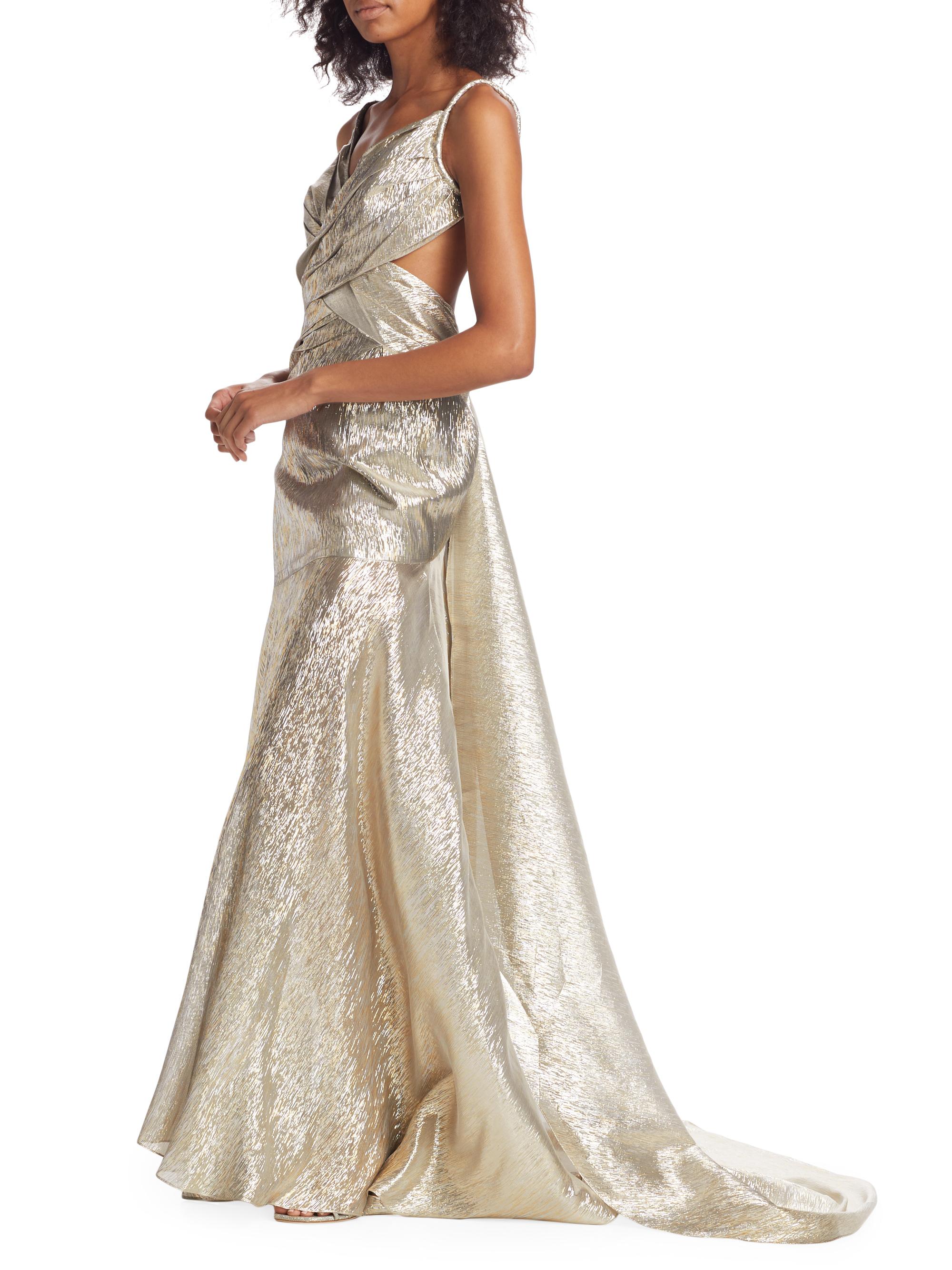 Oscar de la Renta Draped Lam Mousseline V-Neck Gown | Saks Fifth Avenue