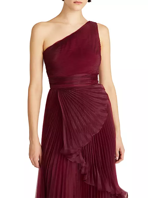 Shop Theia Geneva Pleated Organza One-Shoulder Gown | Saks Fifth