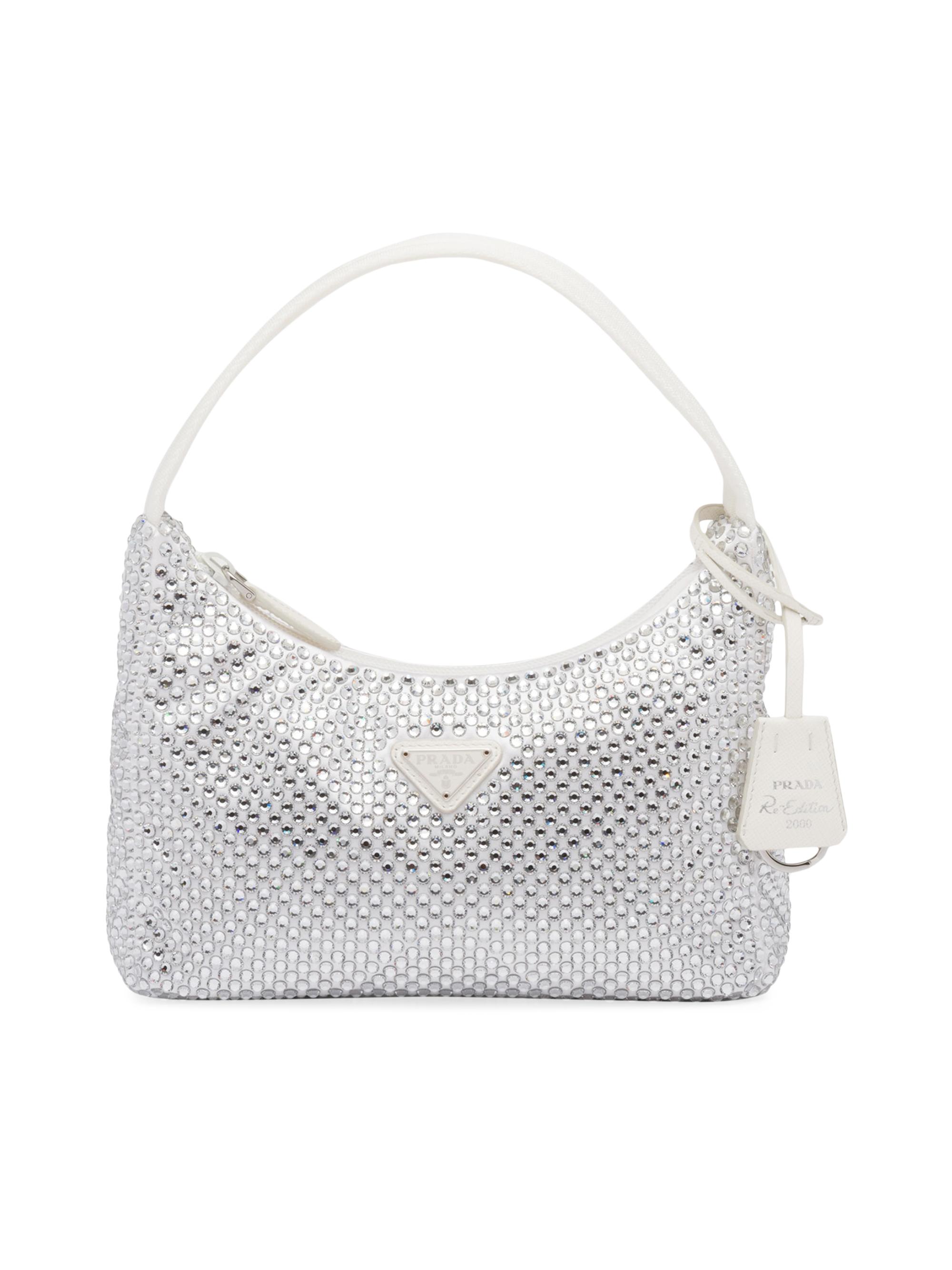 Prada Women's Re-Edition Mini Satin Shoulder Bag with Crystals - White