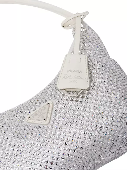 Prada Re-Edition 2000 White Satin Silver Crystal Nylon Shoulder Mini Hobo  Bag