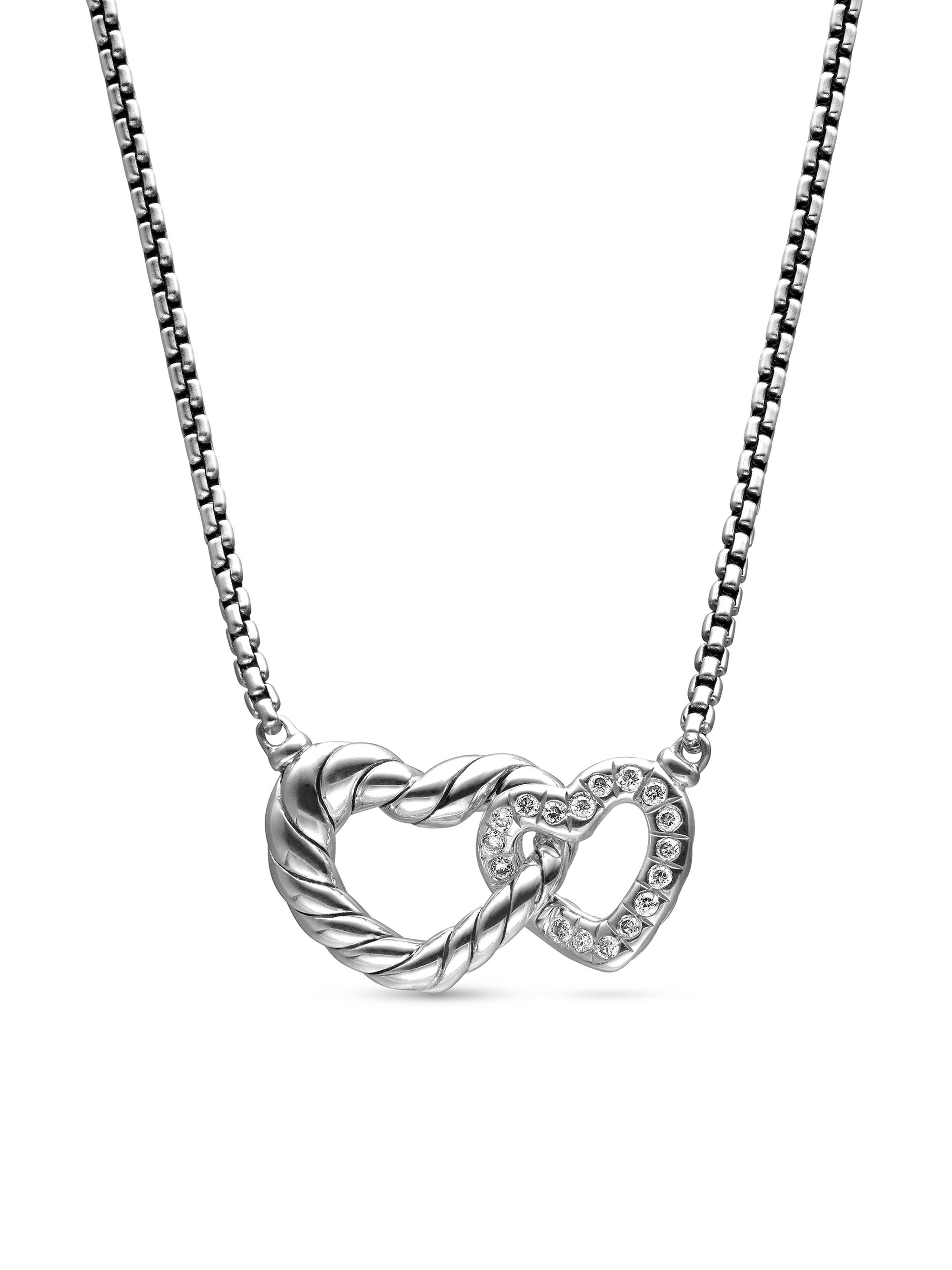 David Yurman Women's Cable Collectibles Interlocking Heart Necklace in Sterling Silver with Diamonds, 16.4mm