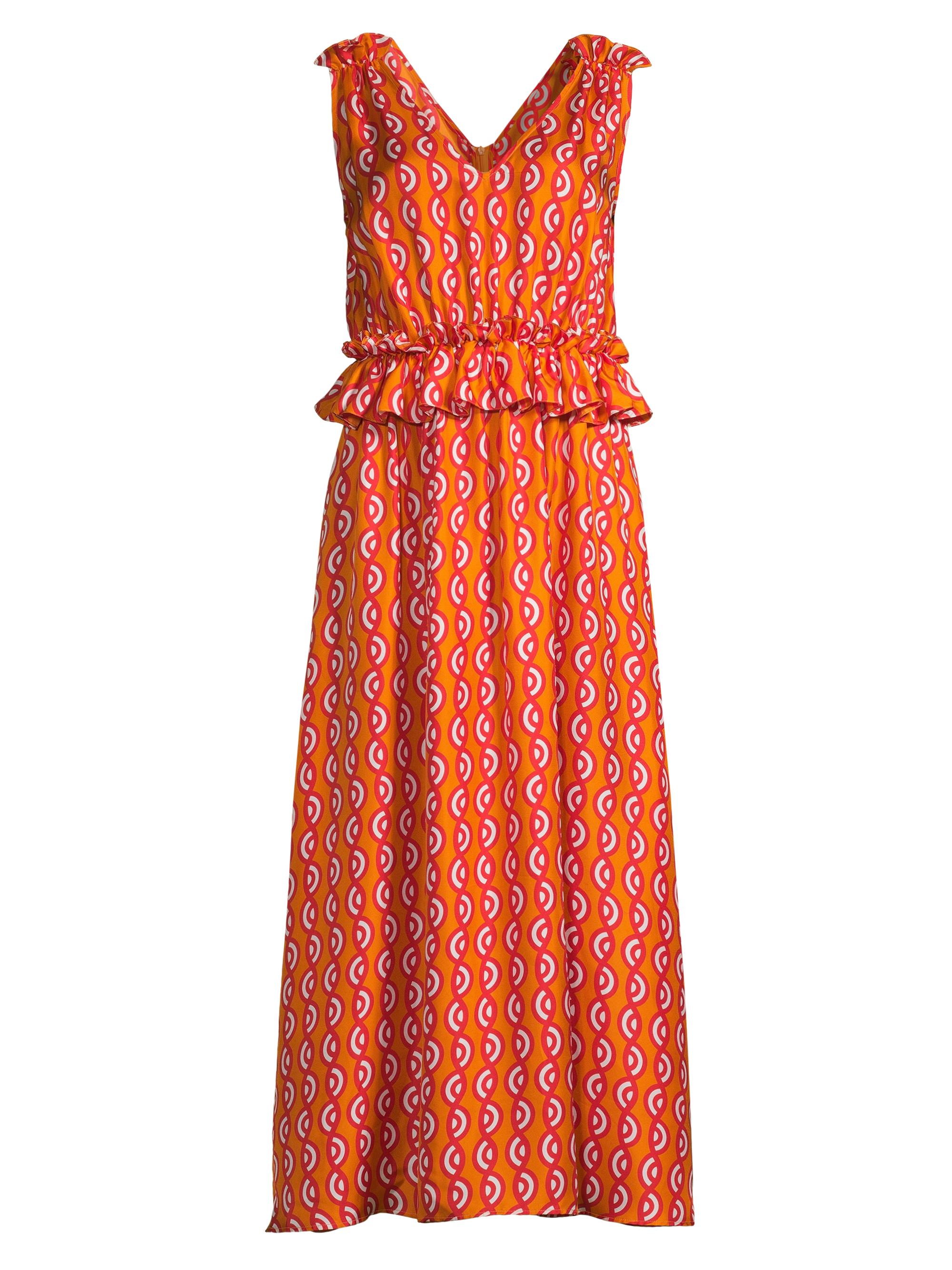 Lisou Women's Mimi Geometric Ruffle Midi-Dress - Red Orange Multi