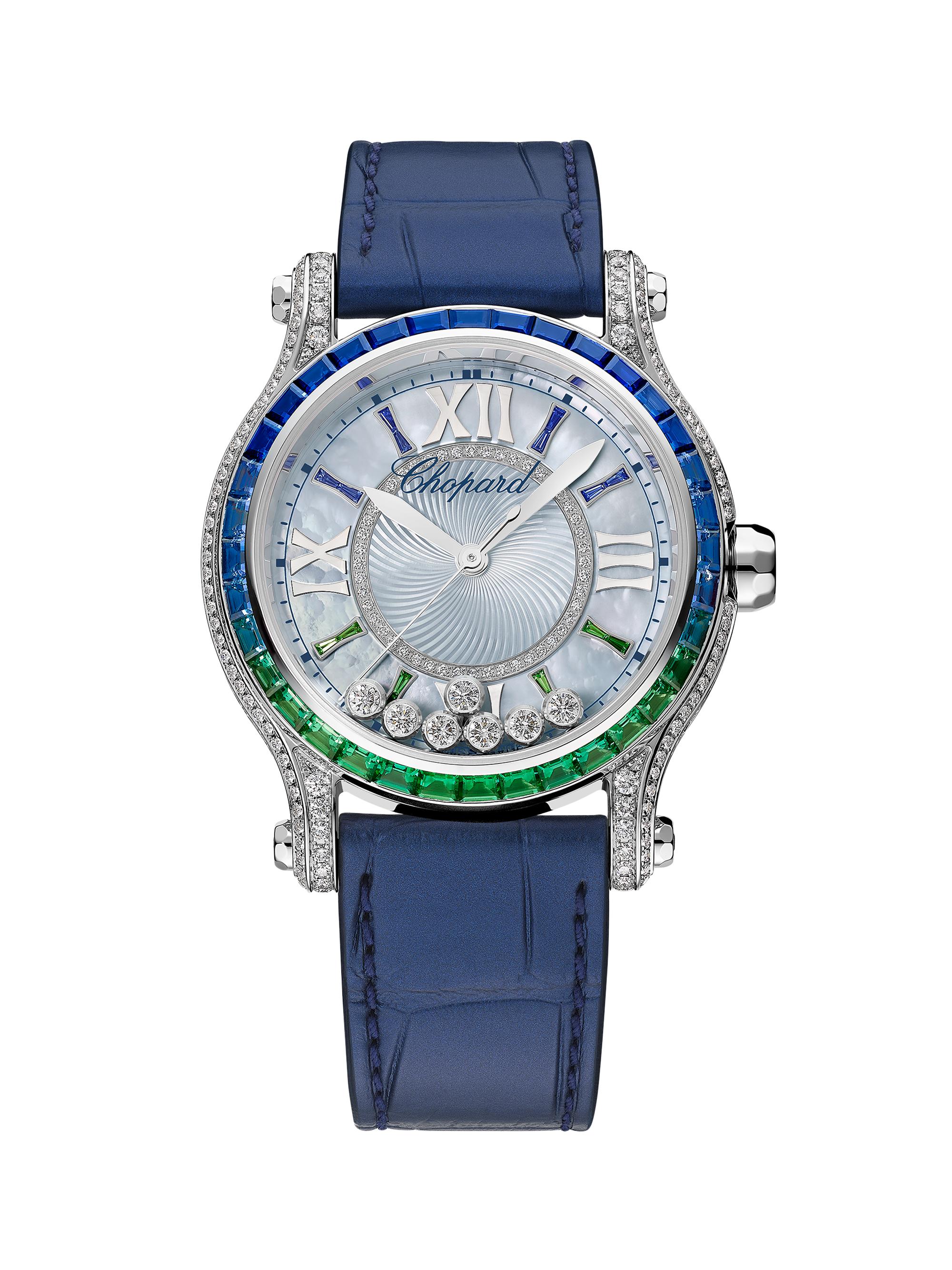 Chopard Women's Happy Sport White Gold, 2.53 TCW Diamond, Multi-Gemstone & Leather Watch - Blue