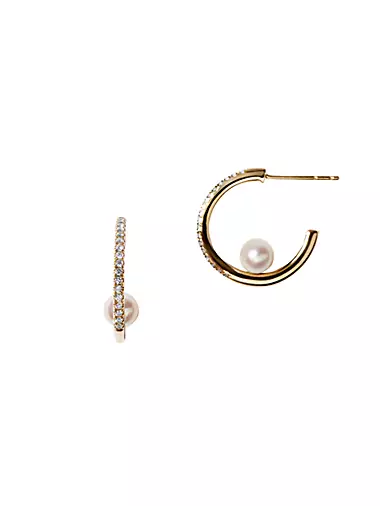 14K Yellow Gold, Natural Freshwater Pearl & 0.2 TCW Diamond Huggie Hoop Earrings