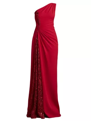 Shop Tadashi Shoji One-Shoulder Lace-Insert Gown | Saks Fifth Avenue