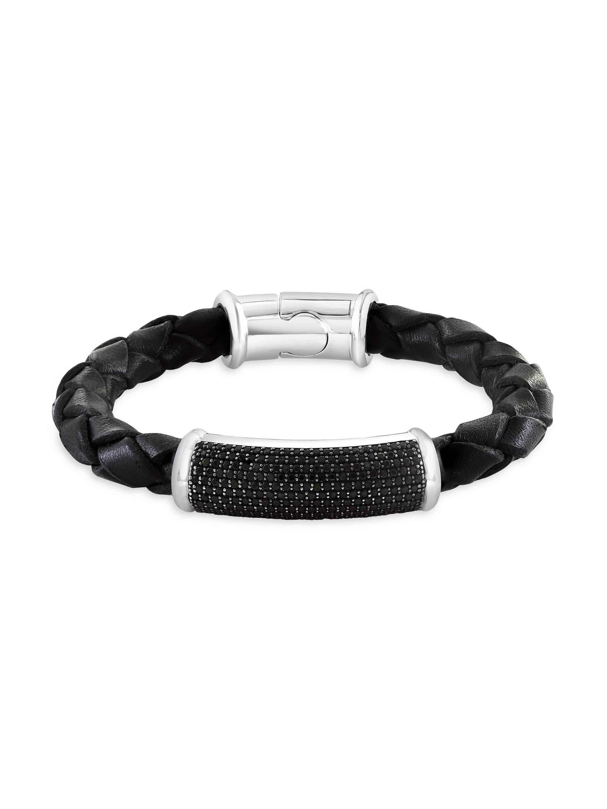 Saks Fifth Avenue Collection Men's COLLECTION 925 Sterling Silver, Leather & Black Spinel Bracelet - Black Silver