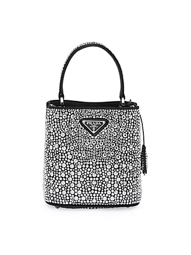 Mini crystal-embellished bucket bag in black - Prada