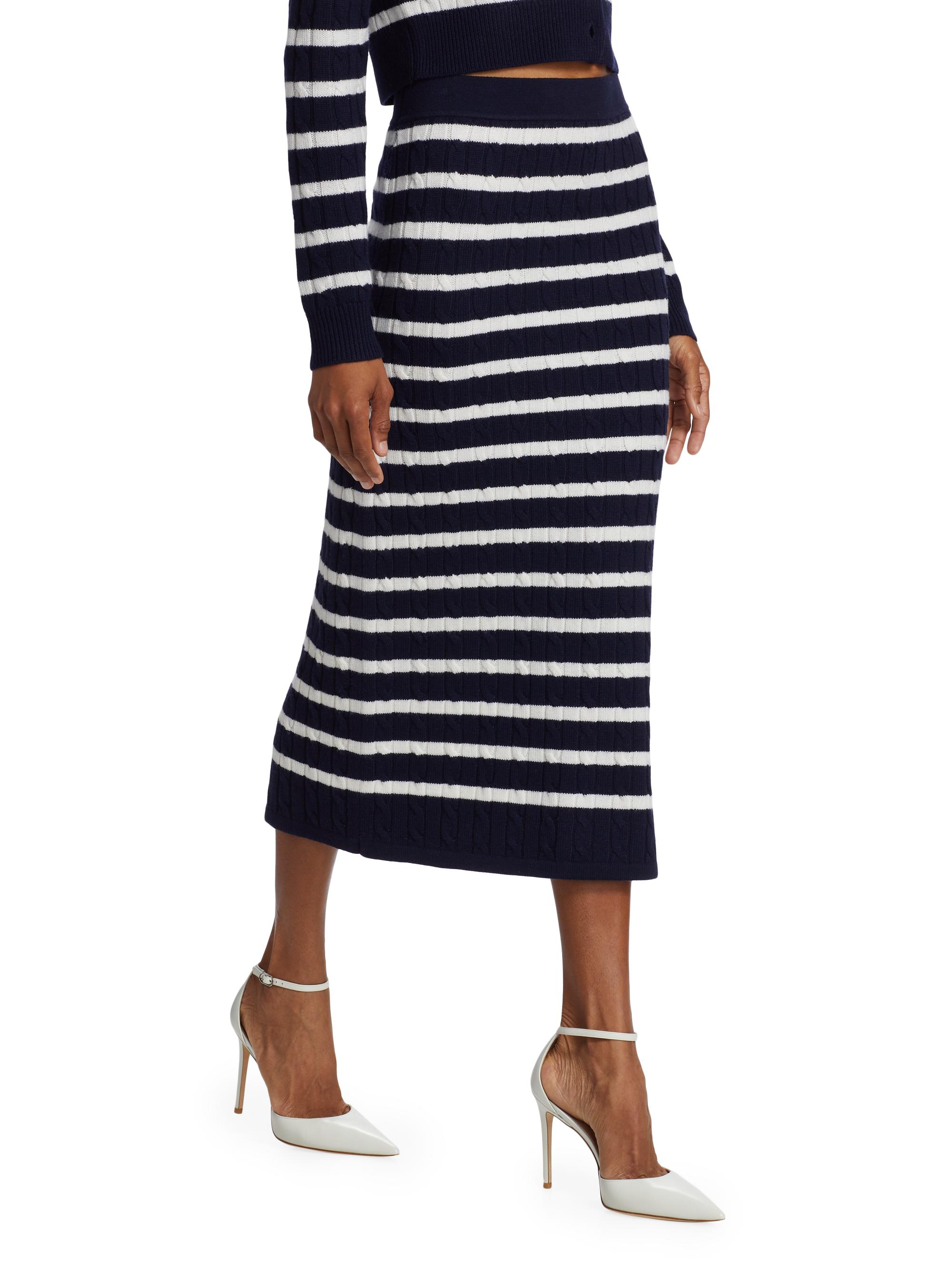 Polo Ralph Lauren Women's Navy Blue Pinstripe Wool Pencil Midi Skirt Belted Size 6