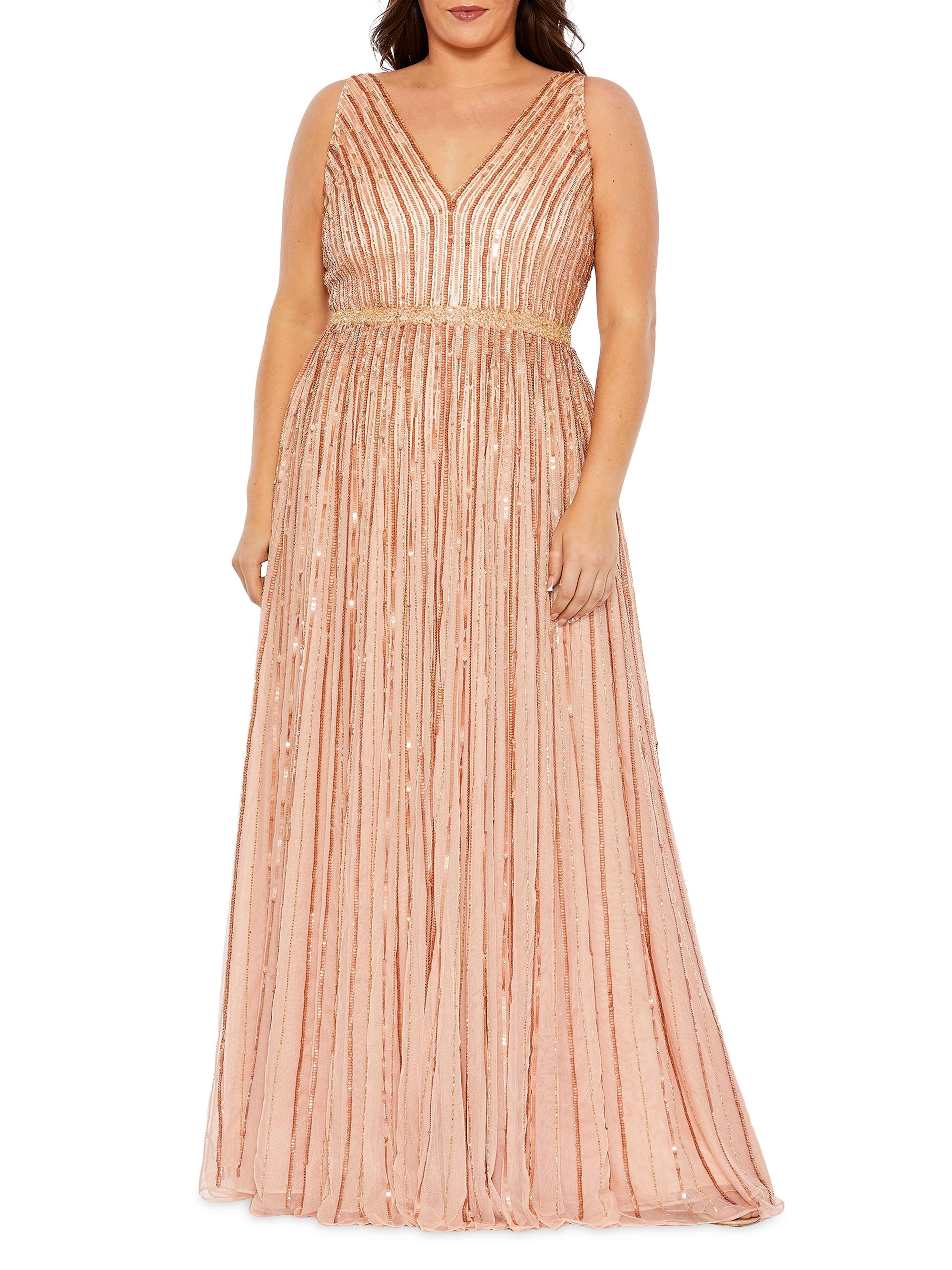 Mac Duggal Women's Plus Embellished V-Neck Gown - Apricot