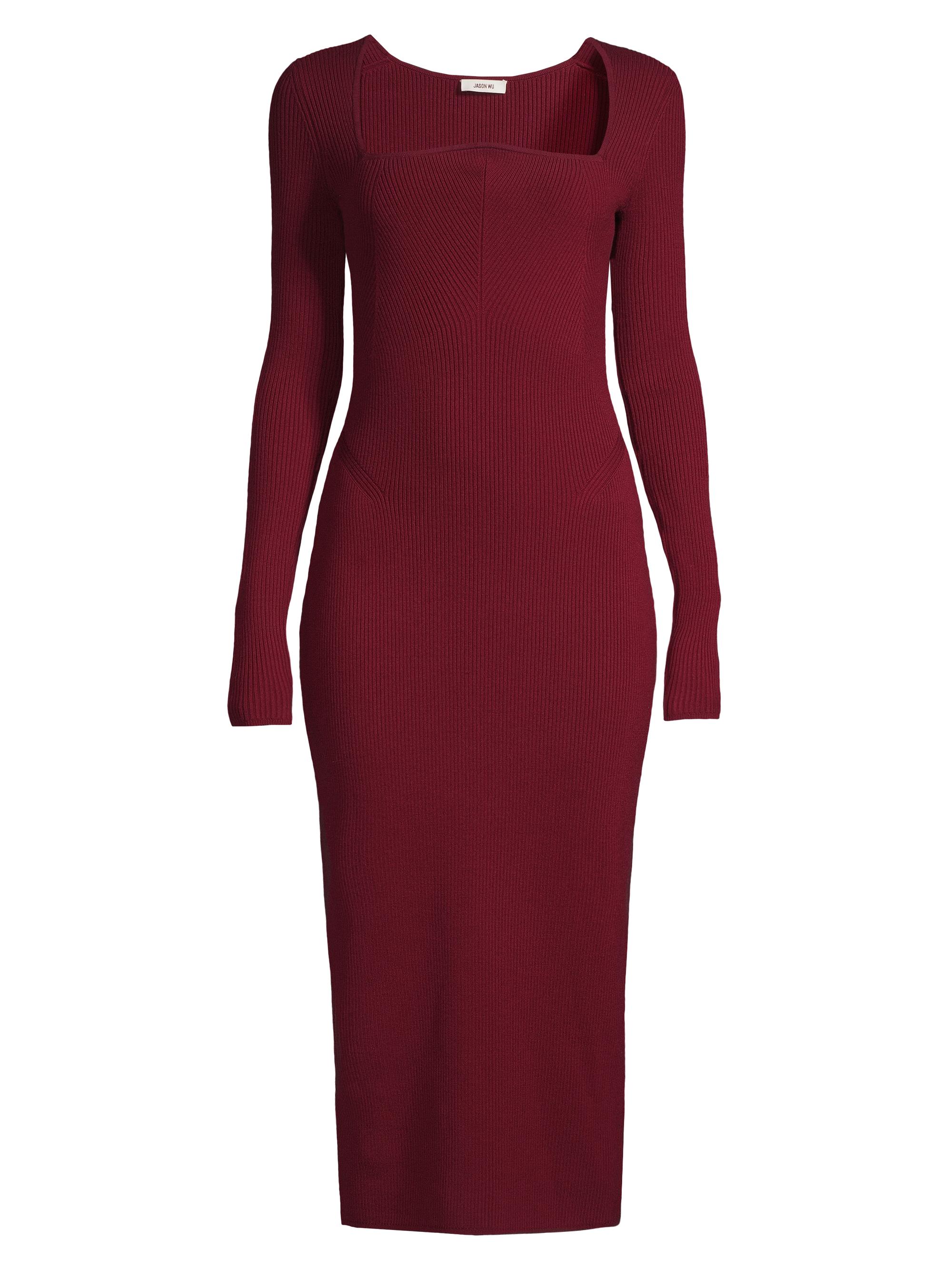 Jason Wu Women's Square-Neck Wool Rib-Knit Midi-Dress - Burgundy
