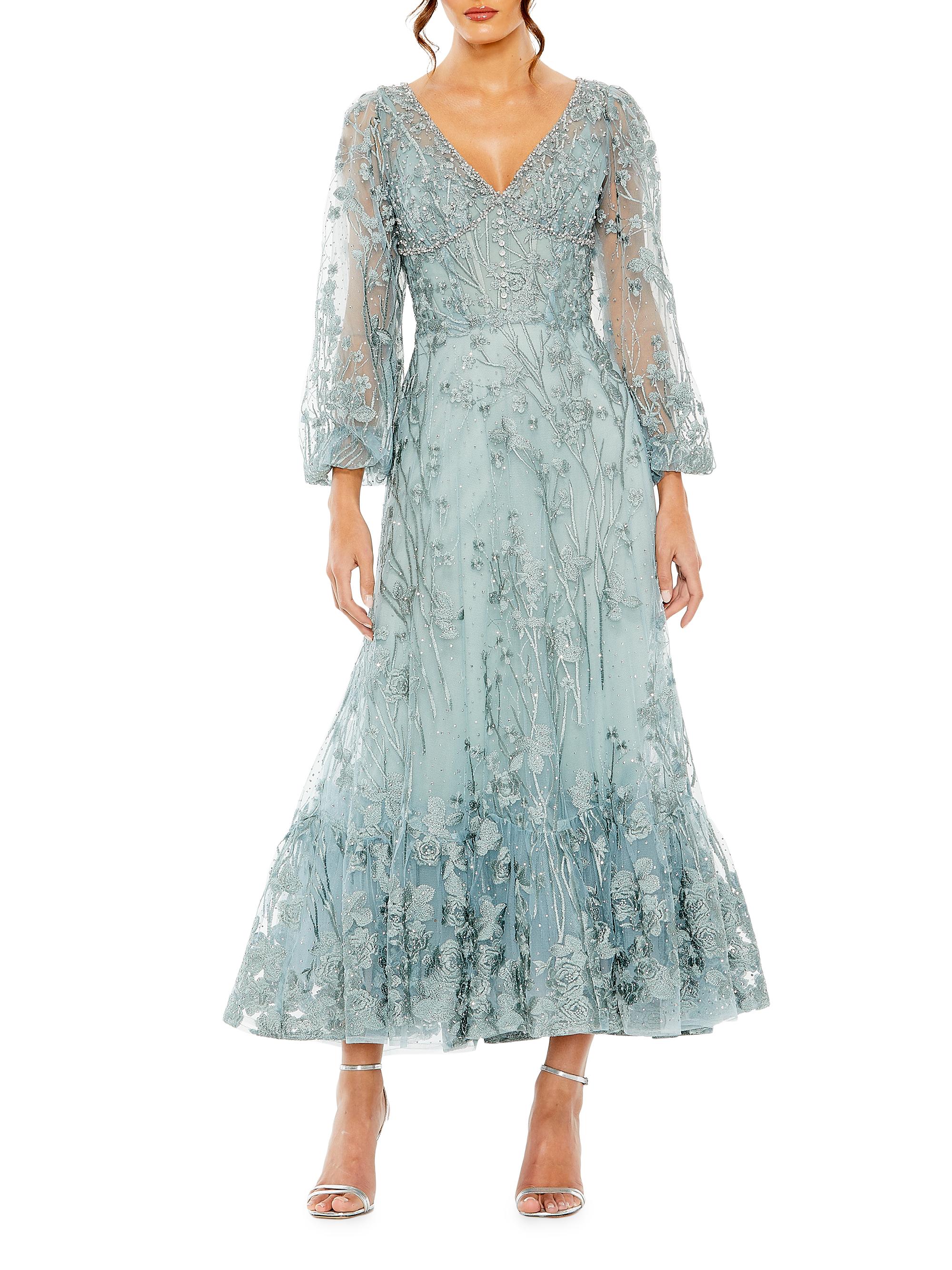 Mac Duggal Women's Embroidered Floral Puff-Sleeve Gown - Seafoam