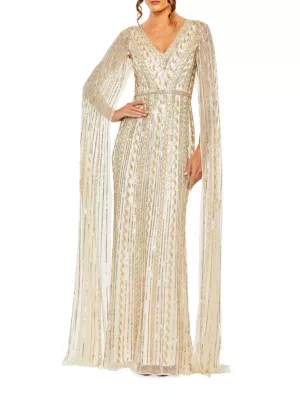 Mac Duggal Women's Embellished Cape-Sleeve Gown - Beige Silver