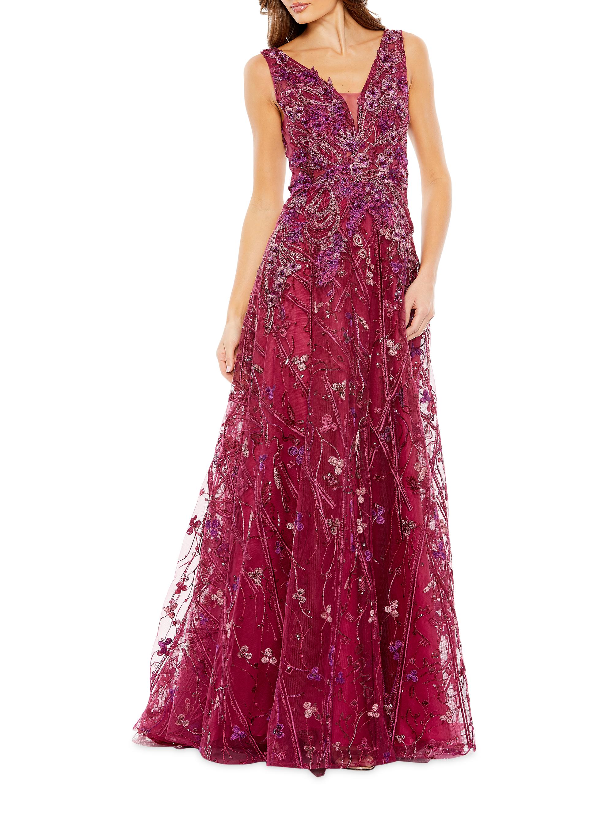 Mac Duggal Women's Embroidered Floral A-Line Gown - Berry