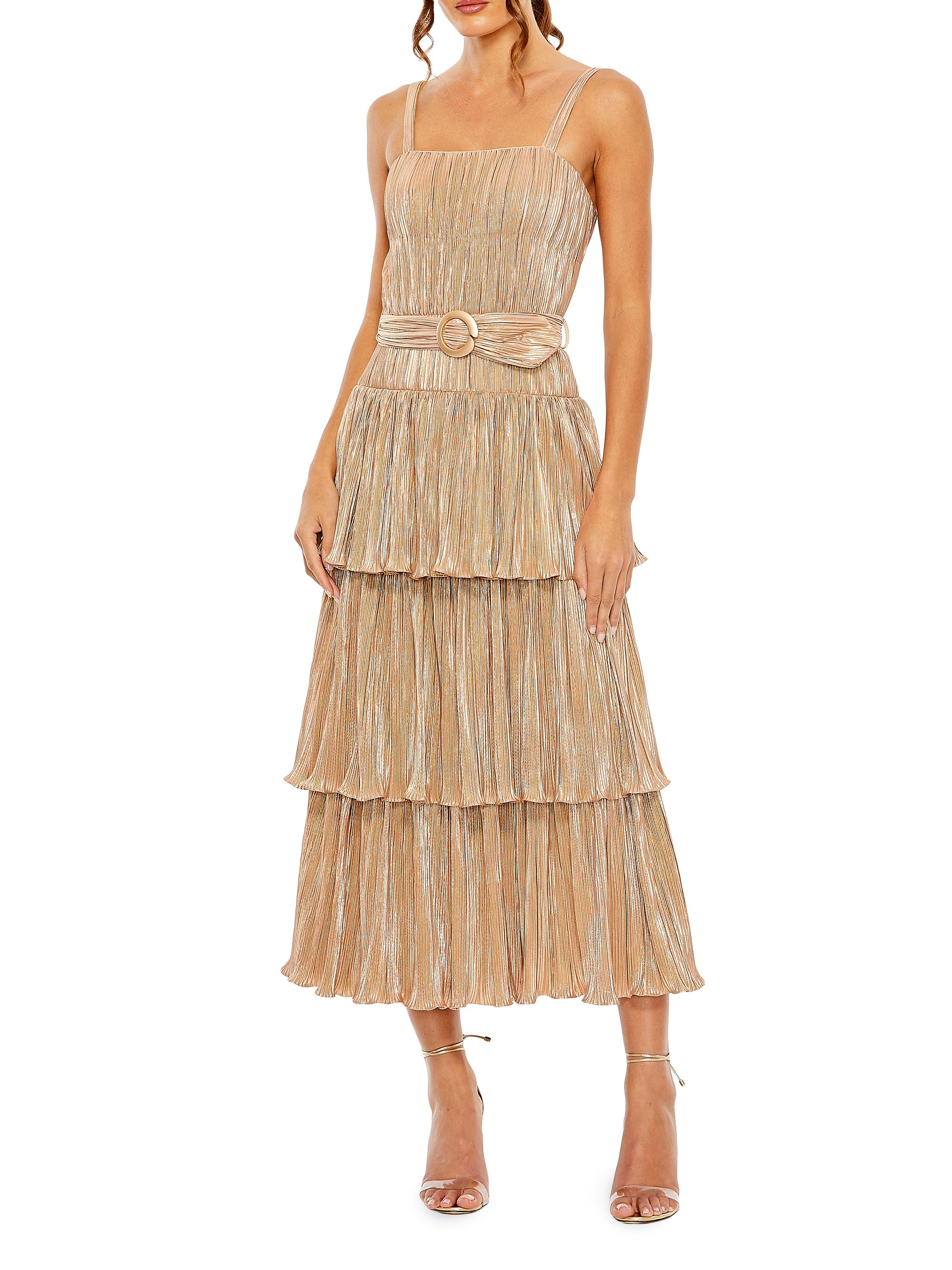 Mac Duggal Women's Belted Metallic Tiered Midi-Dress - Gold
