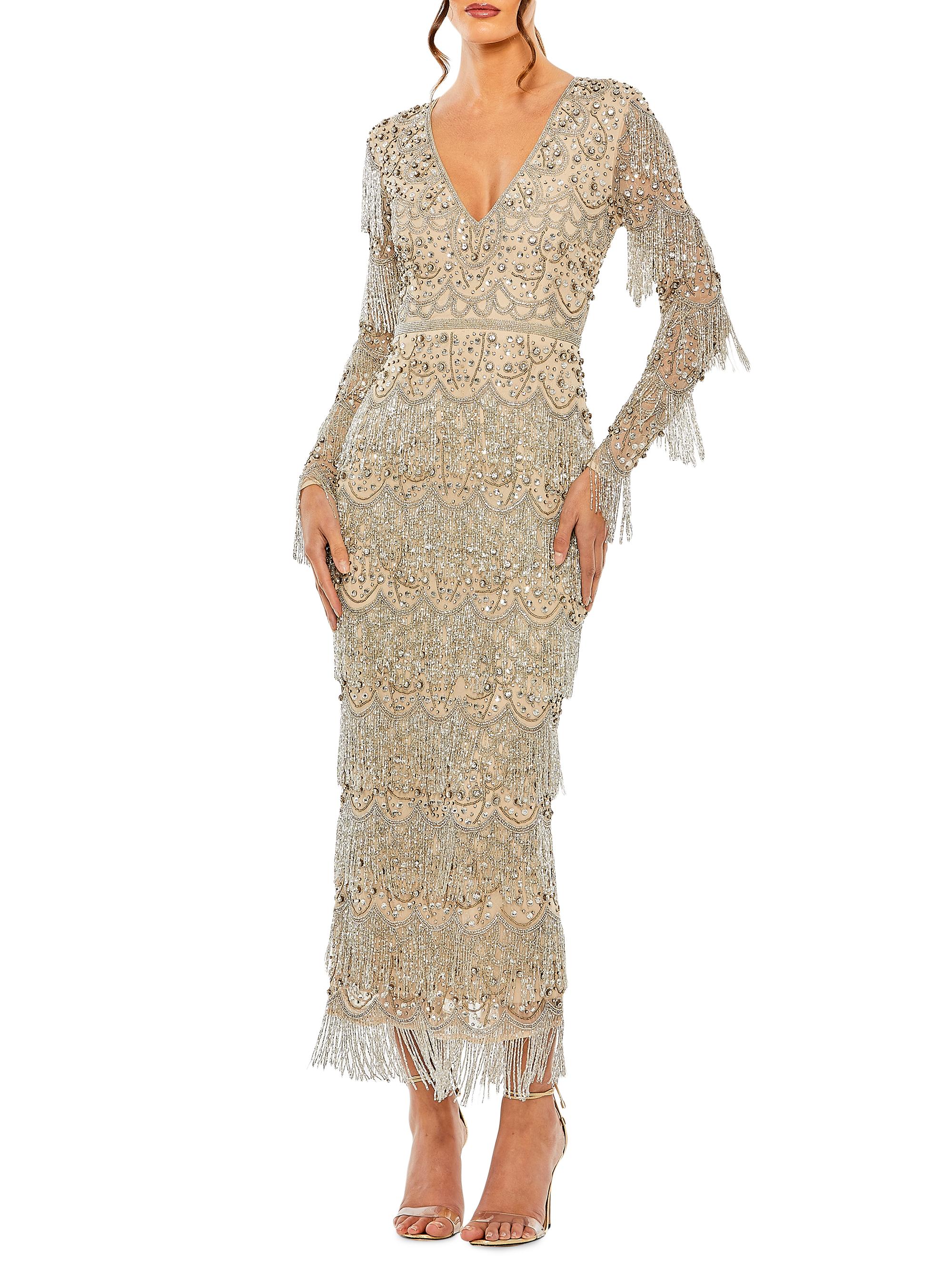 Mac Duggal Women's Fringe Crystal-Embellished Maxi Dress - Beige Silver