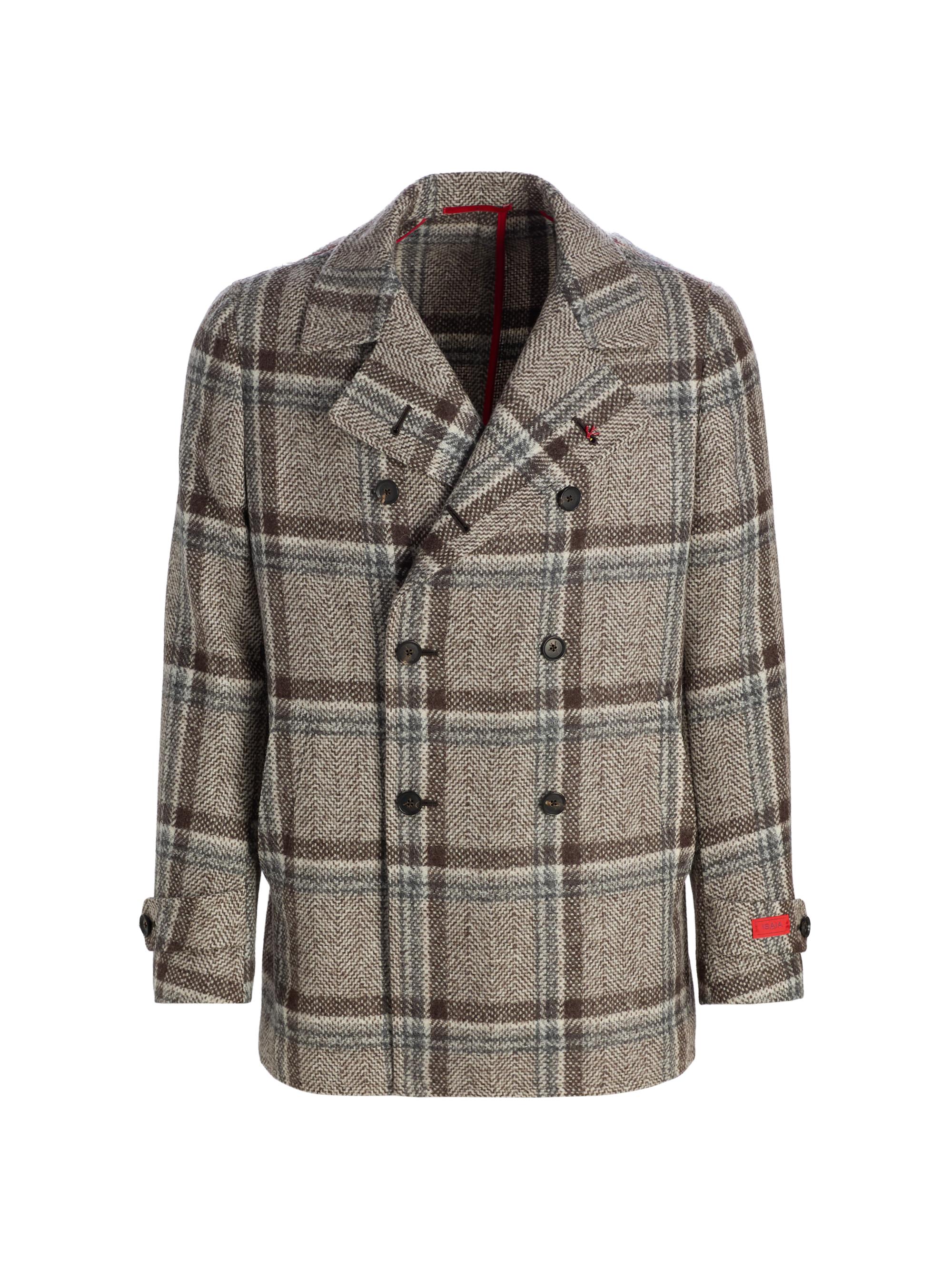 Plaid Wool-Nylon Double-Breasted Peacoat