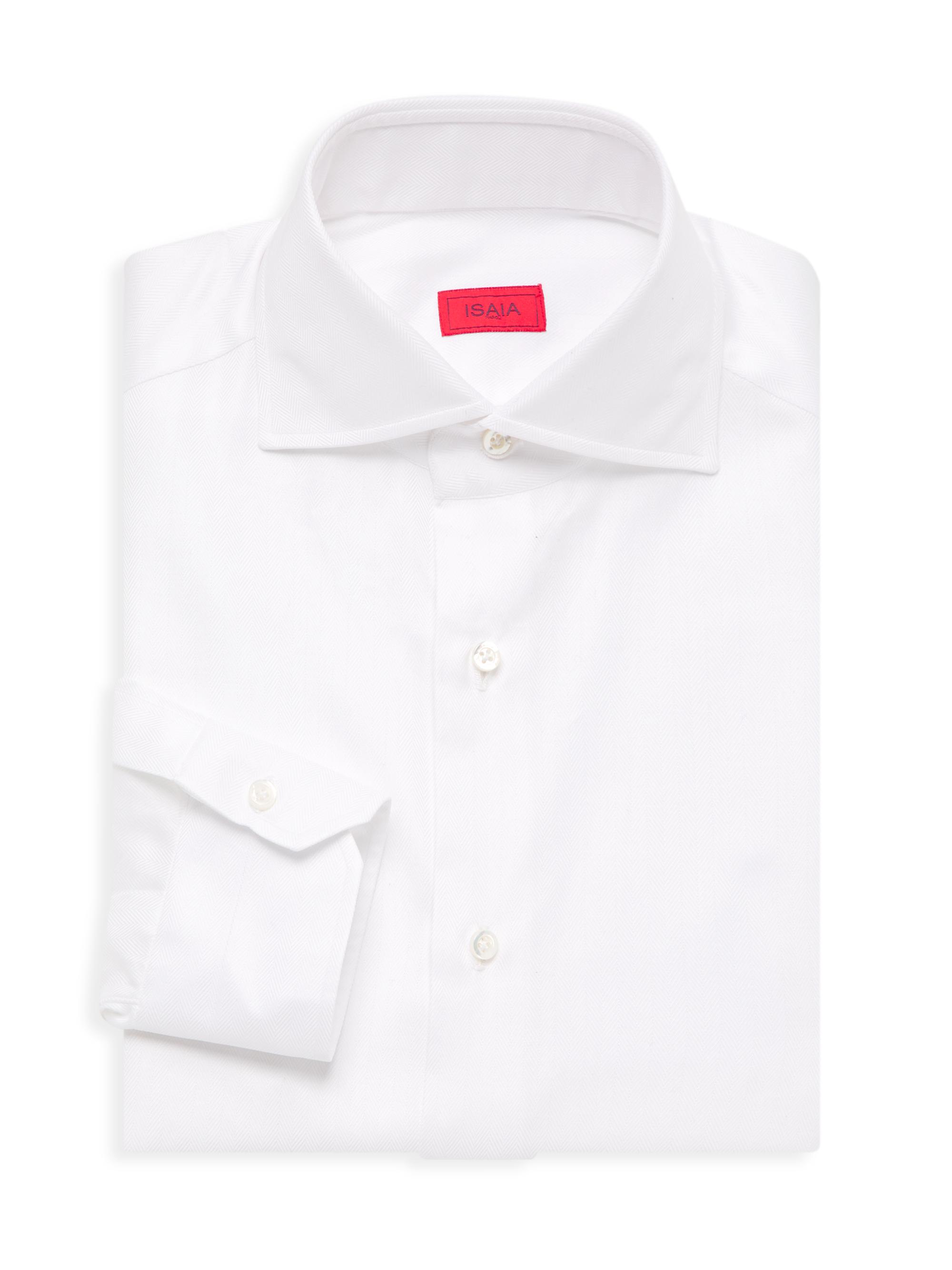 Isaia Men's Herringbone Cotton Dress Shirt - White