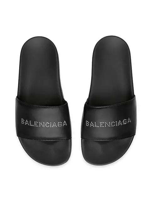 Balenciaga Women's Pool Slide Sandals with Rhinestones - Black - Size 6