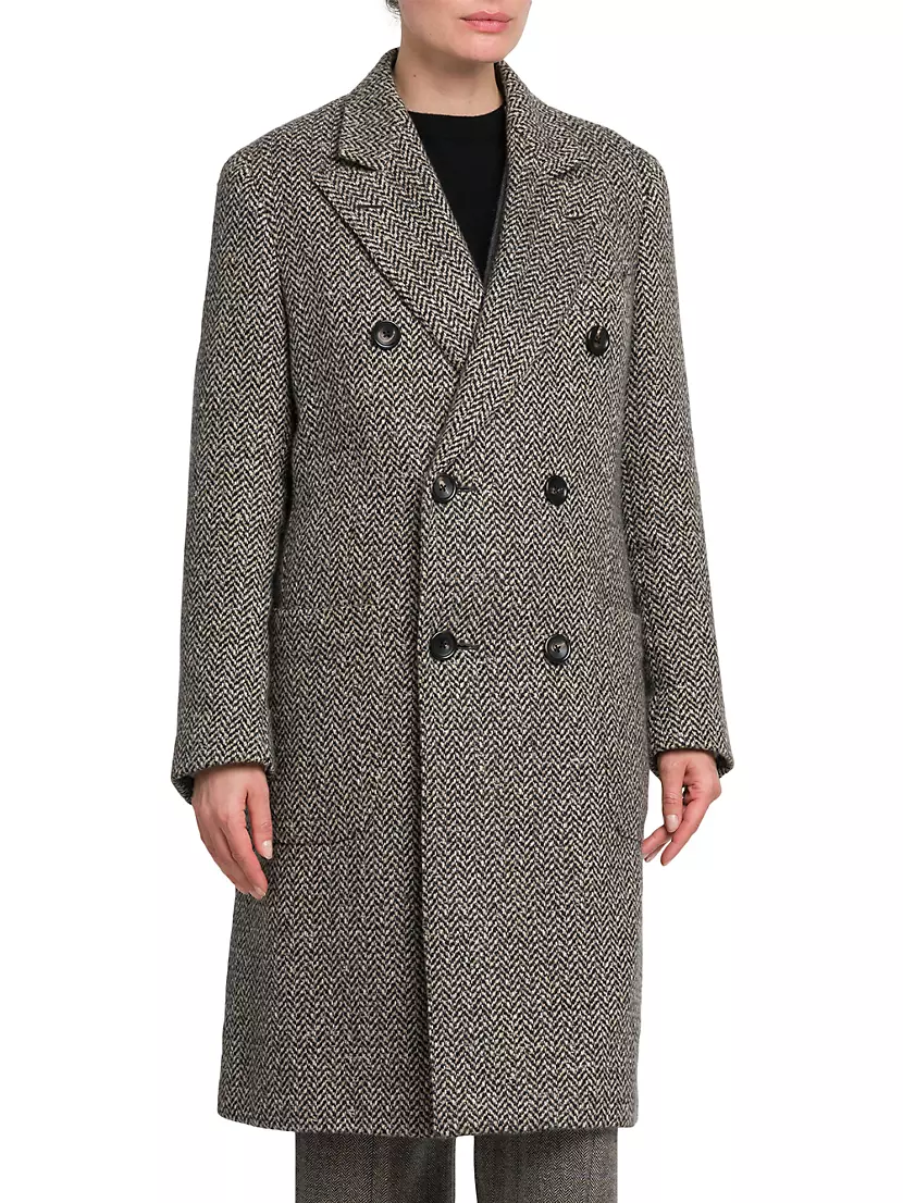 Double-Breasted Herringbone Tweed Coat