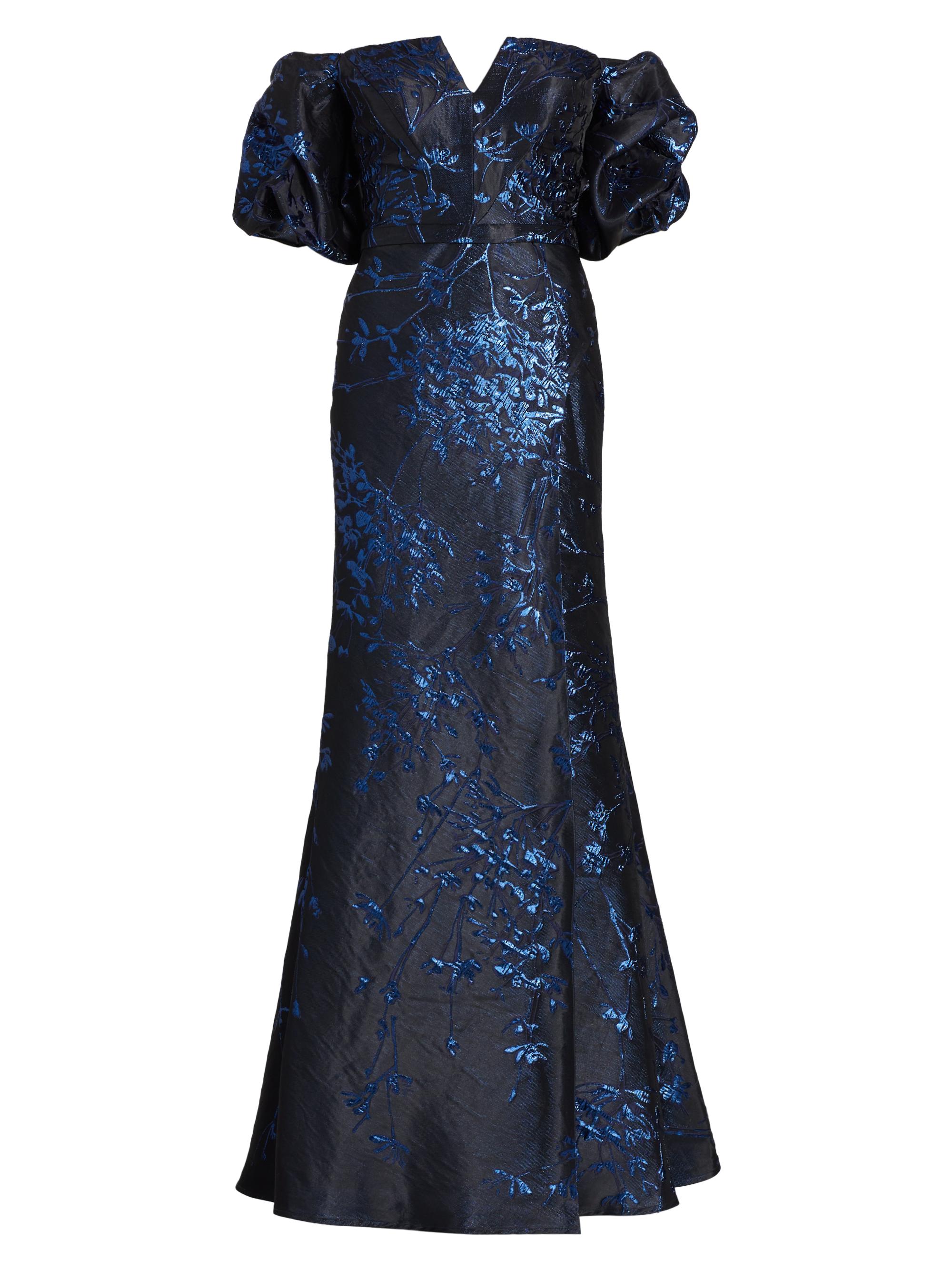 Rene Ruiz Collection Women's Jacquard Puff-Sleeve Fit-&-Flare Gown - Navy