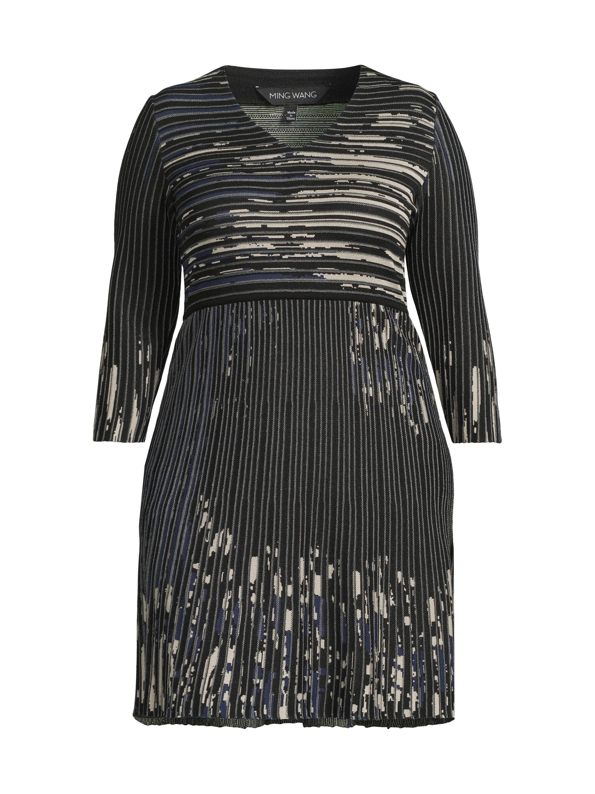 Ming Wang Women's V-Neck Patterned Rib-Knit Minidress - Black Regatta Limestone