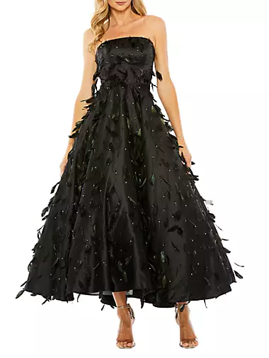 Feather-Embellished Strapless Ball Gown